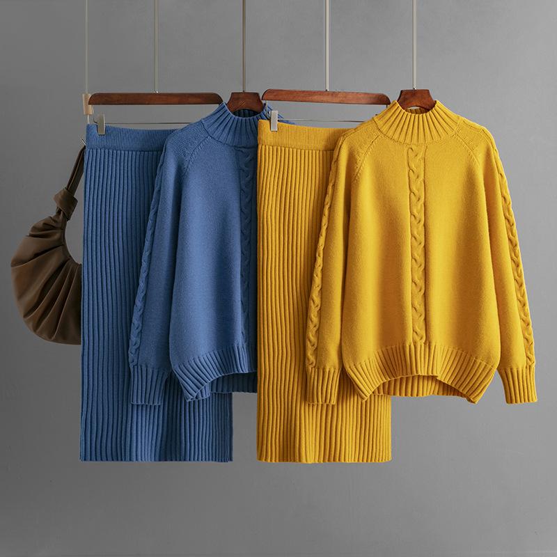 Fall Winter Lazy Wind Loose Half High Collar Pullover Sweater Suit Women's Solid Color Long Sleeve Twist Knit Skirt Two Piece Sets