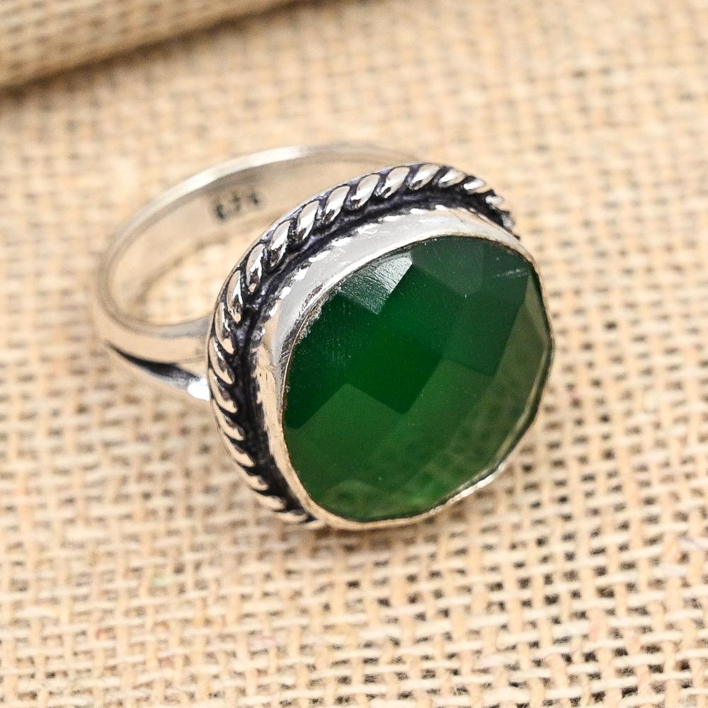 Faceted Green Onyx Gemstone Handmade Solid 925 Sterling Silver Ring Jewelry