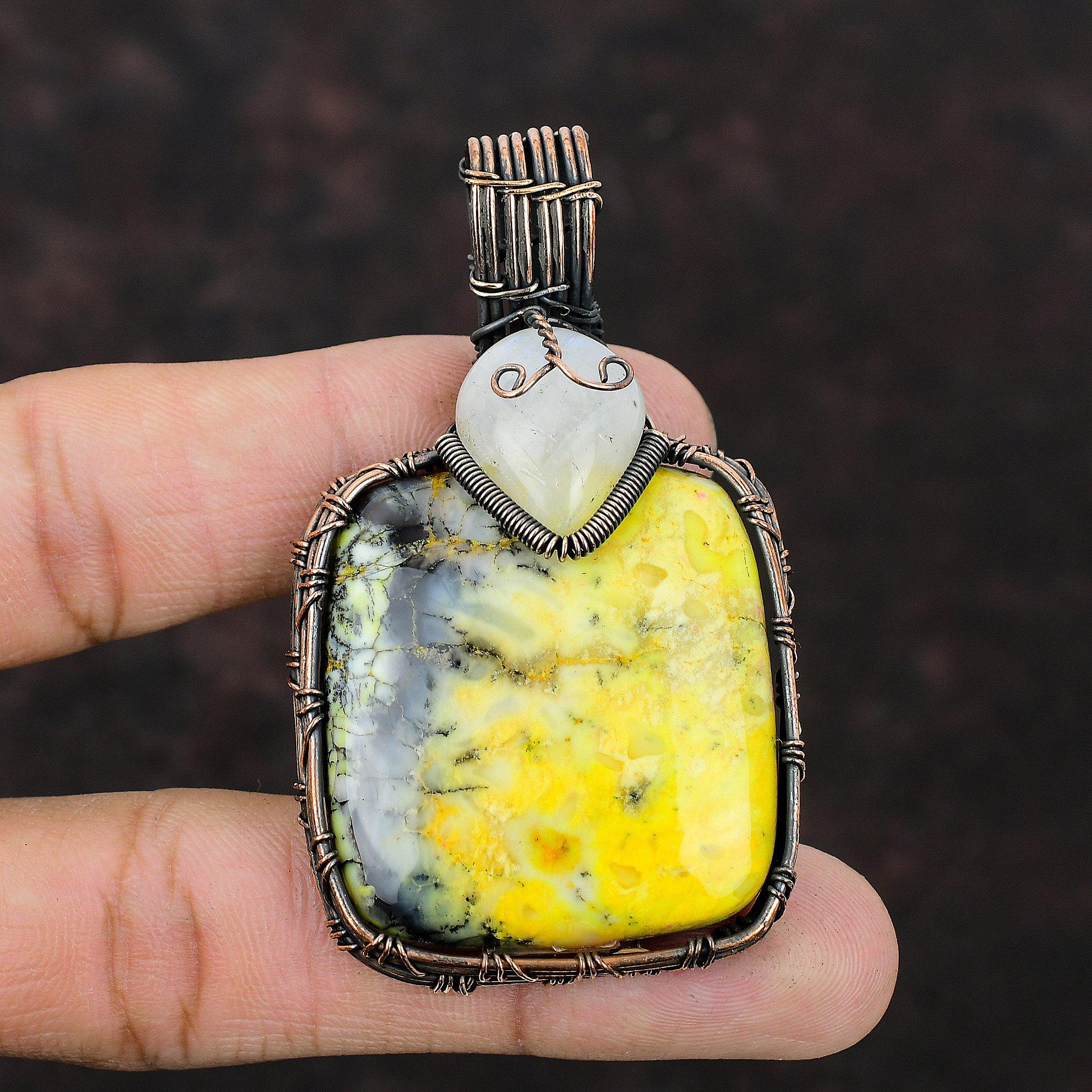 Yellow Dendrite Opal Copper Pendant Copper Wire Wrapped Gemstone Jewelry Rainbow Moonstone Pendant Handmade Pendant Designer Copper Jewelry