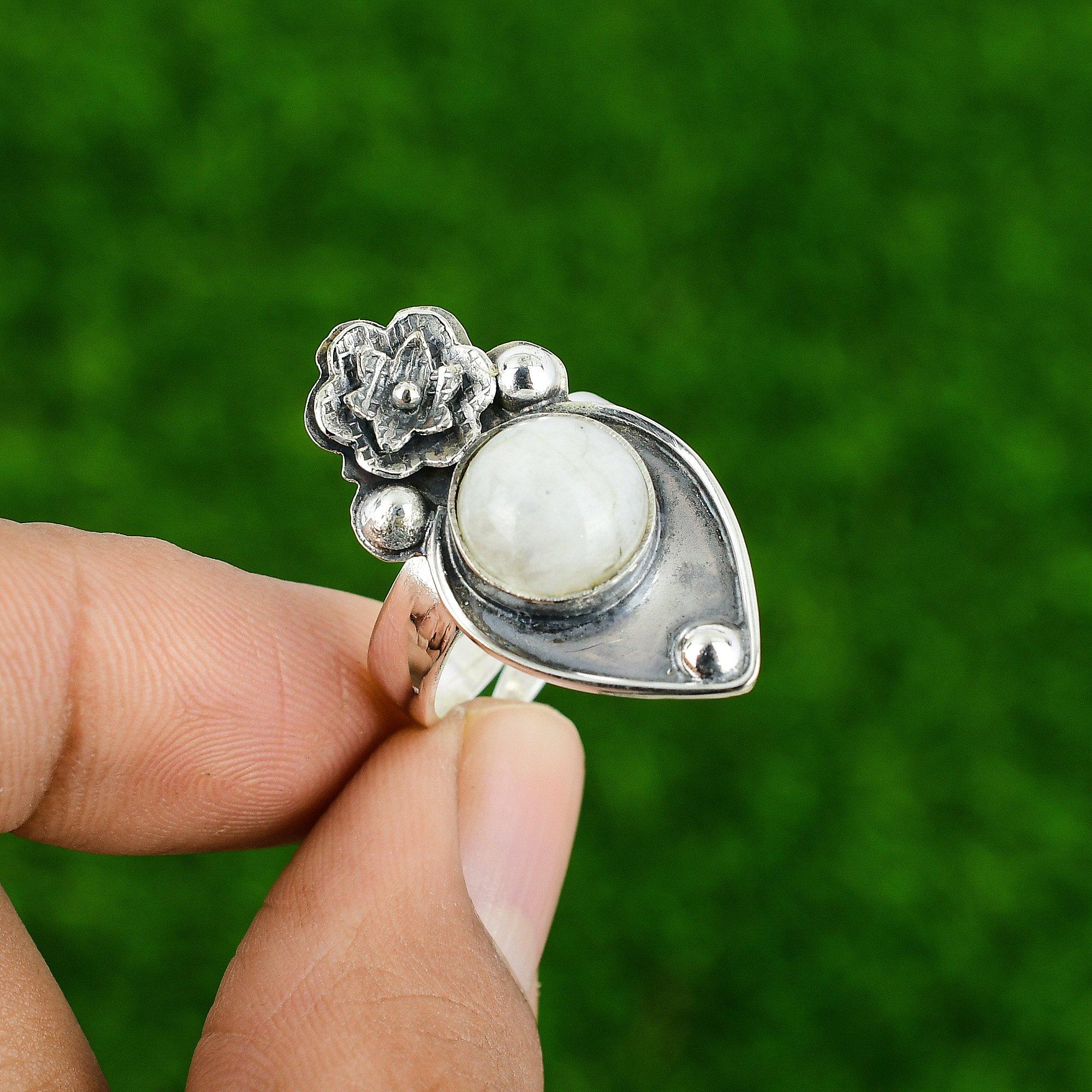 Natural Rainbow Moonstone 925 Silver Flower Adjustable Ring For Women