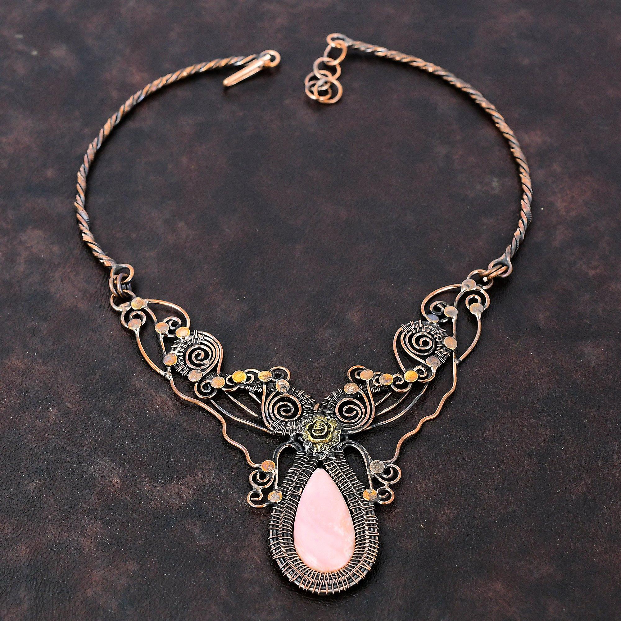 Rosa Opal Halskette Kupferdraht umwickelte Edelstein Halskette Verstellbare Halskette Handgefertigte Halskette Kupferdraht Wickel Schmuck Damen Besonderes Geschenk