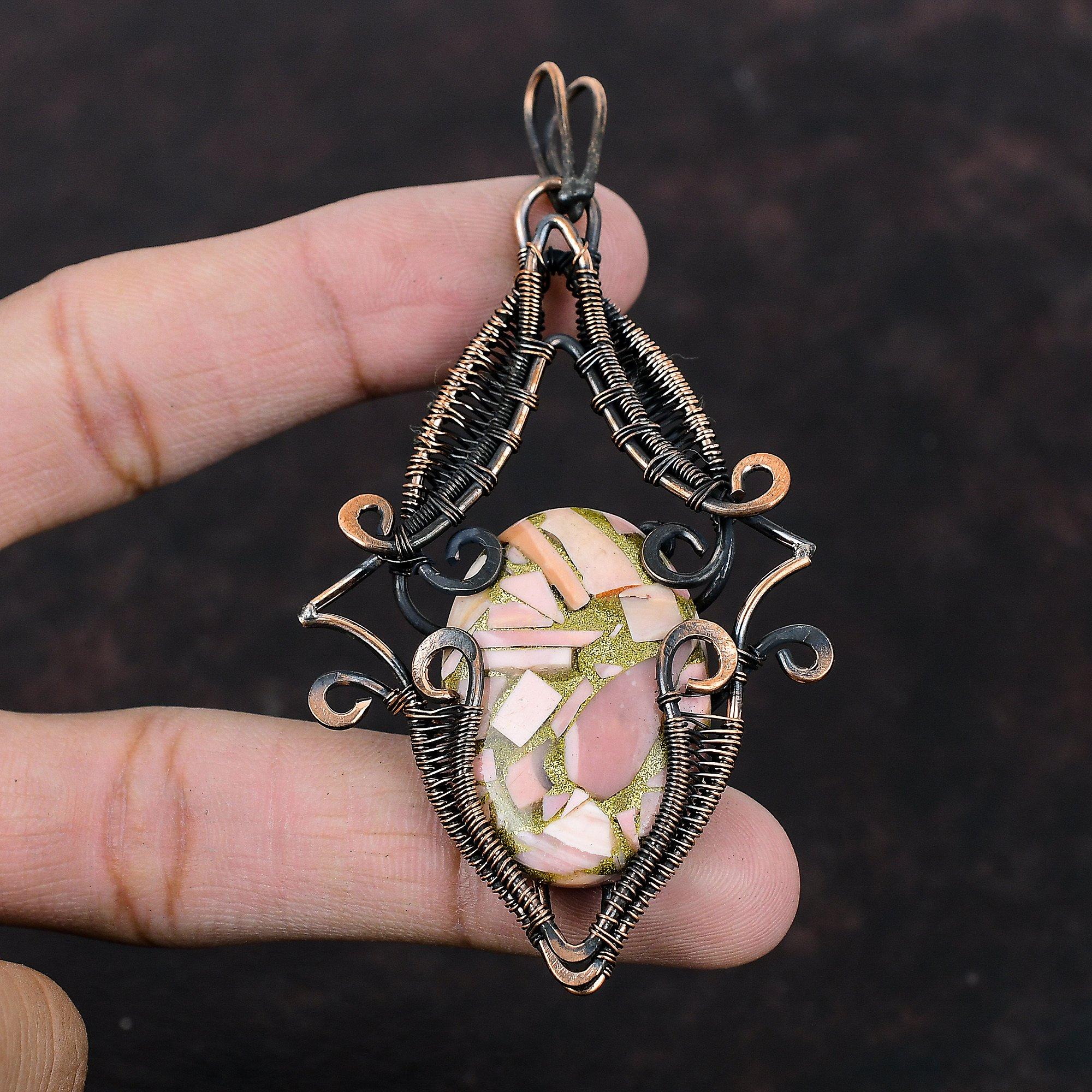 Pandantiv Opal Roz Cupru Pandantiv Înfășurat în Sârmă de Cupru Pandantiv Delicat Bijuterii cu Opal Roz Pandantiv cu Piatră Prețioasă Pentru Cadou Bijuterii Handmade din Sârmă de Cupru