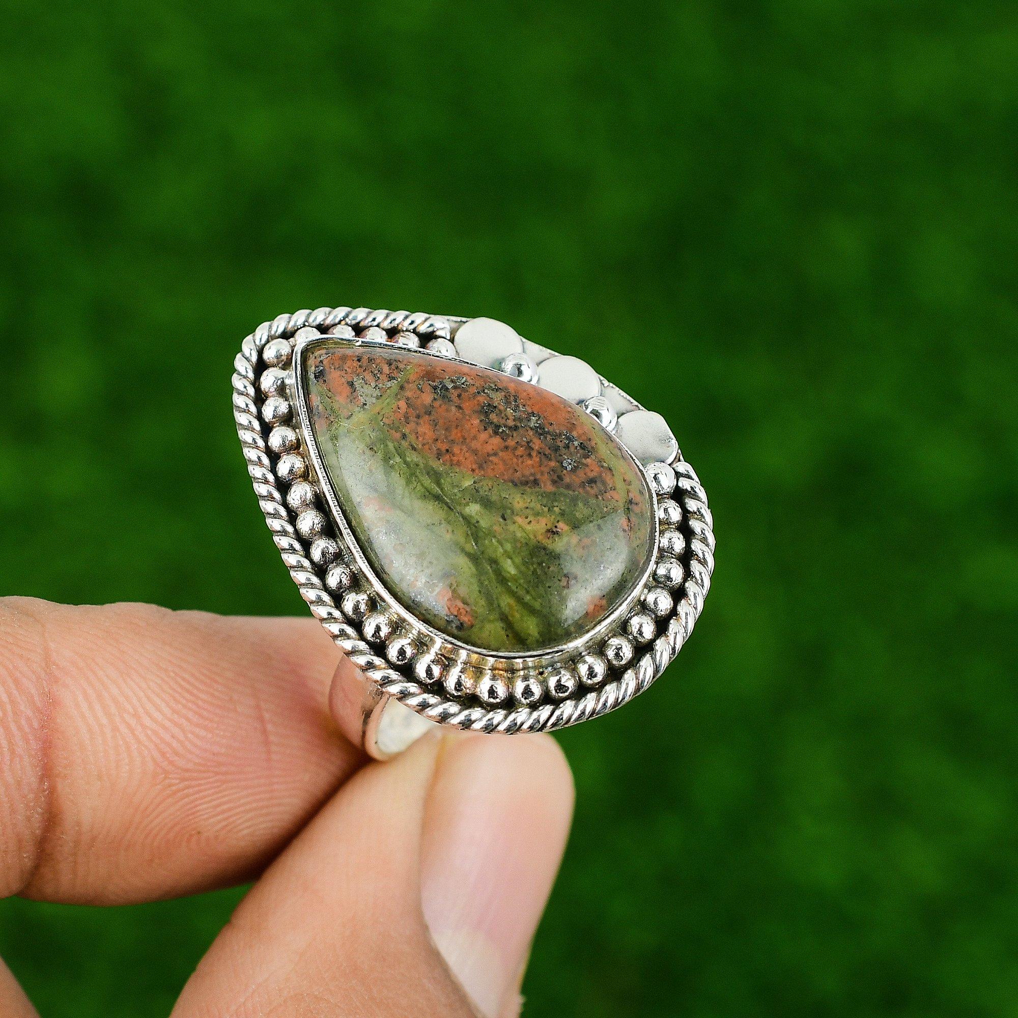 925 Sterling Silver Pear Grass Garnet Stone Boho Solitaire Wedding Ring Jewelry