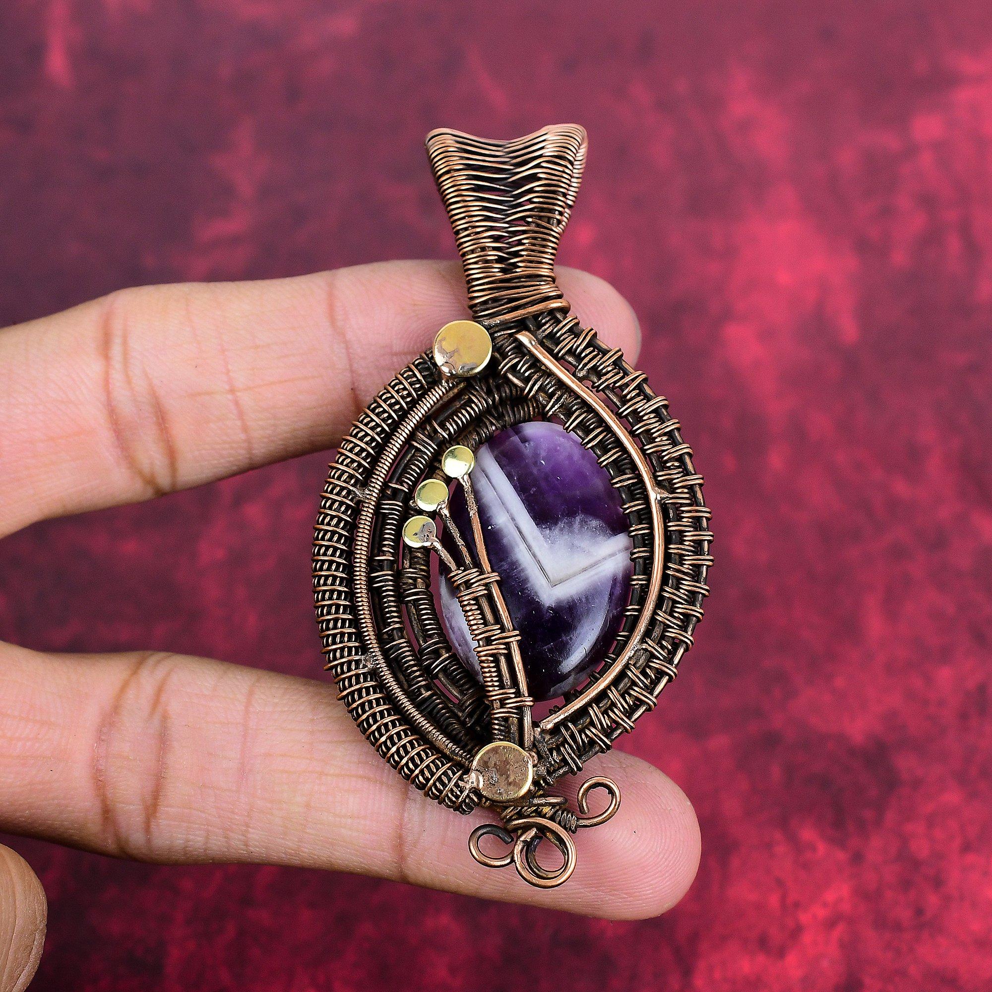 Chevron Amethyst Pendant Copper Wire Wrapped Pendant Natural Gemstone Pendant Copper Wire Wrap Jewelry Gifts for Her Handmade Dainty Pendant