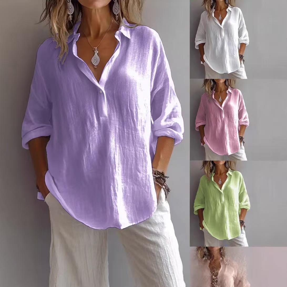 Women's Spring Summer Plus Size Blouse, Solid Color V-Neck Long Sleeve Loose Casual Shirt Top
