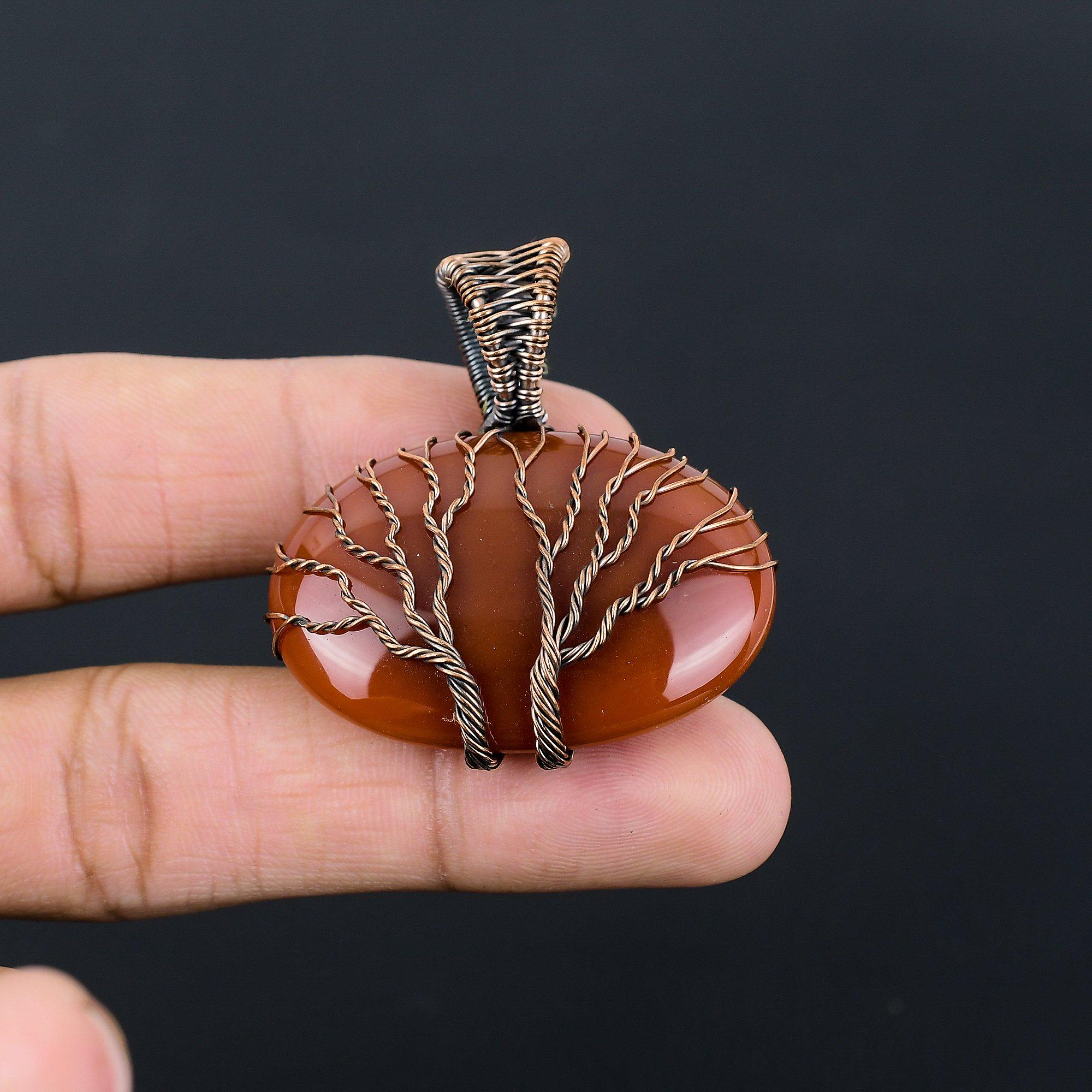 Double Tree of Life Red Carnelian Gemstone Handmade Pure Copper Wire Wrapped Beautiful Jewelry Pendant