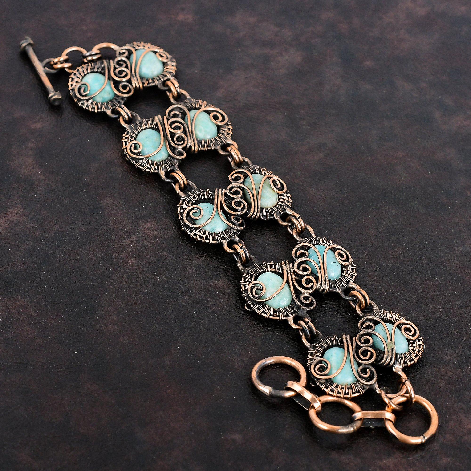 Amazonite Bracelet Copper Wire Wrapped Gemstone Jewelry Adjustable Chain Bracelet Copper Bracelet Handmade Wire Wrap Bracelet Gifts For Wife