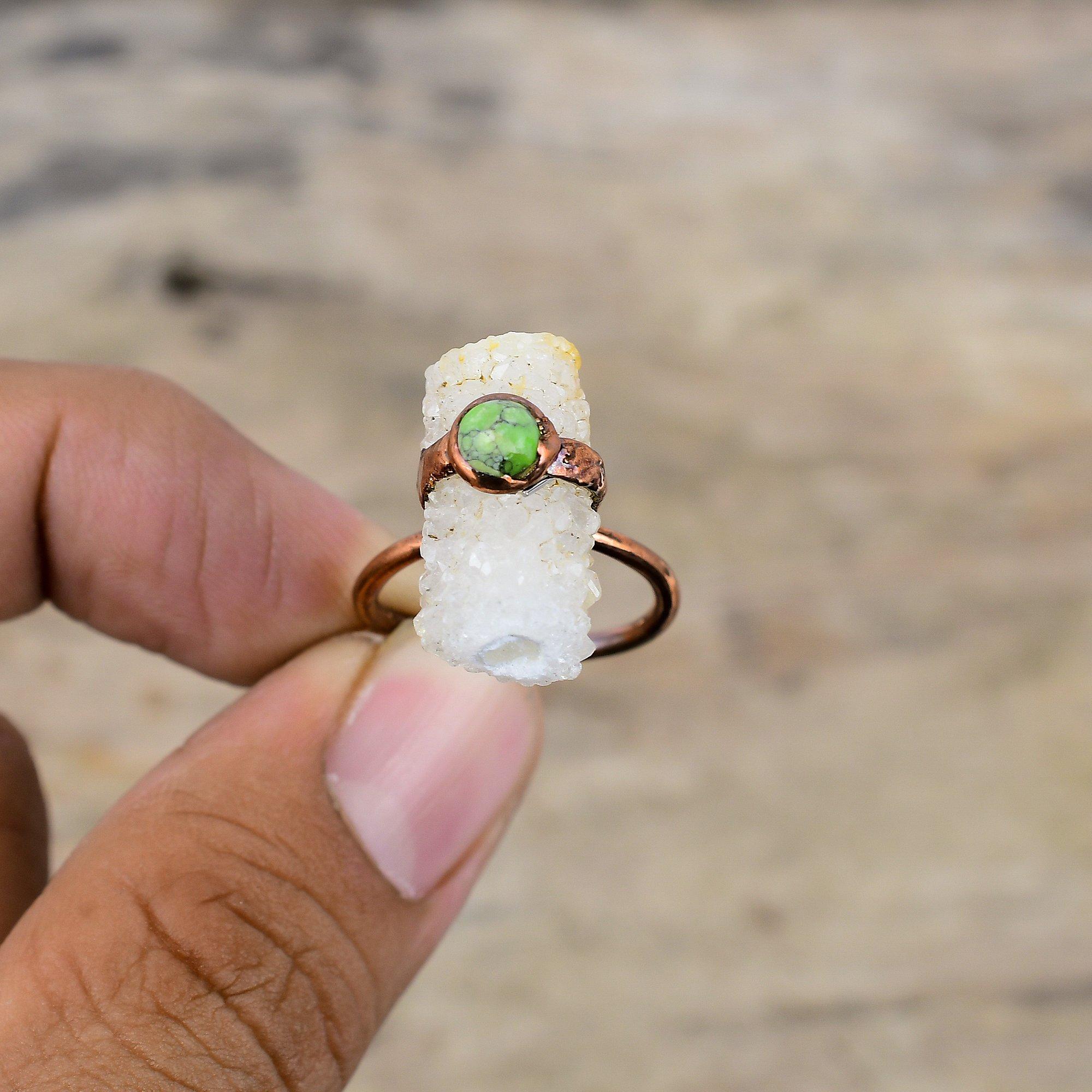 Regenbogen Mondstein Druzy Ring Elektrogeformter Kupferring Grün Türkis Edelstein Ring Verstellbarer Ring Handgemachter Elektrogeformter Schmuck Als Geschenk