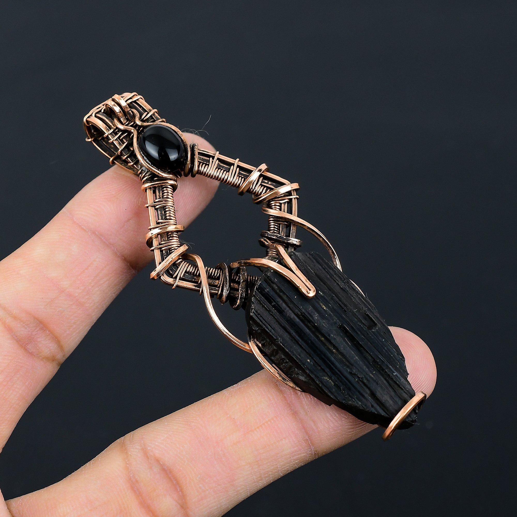 Unique Black Tourmaline Rough Gemstone Pure Copper Wire Wrapped Handmade Pendant Jewelry