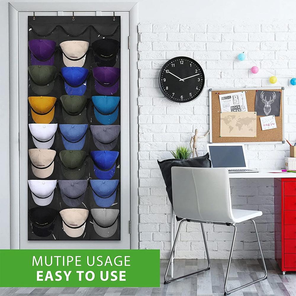 T1 Baseball Hat Rack for Wall Door, Visible Hat Holder with 3 Hooks and 24 Deep Pockets, 1 Piece