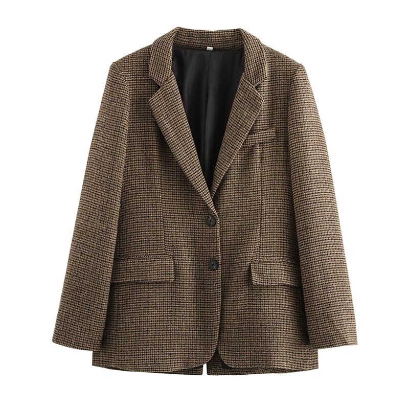 Retro Vlněné Kostkované Sako Kabáty Dámské Klopa Jednořadé Blejzry Podzimní Jednoduché Elegantní Streetové Svrchní Oblečení