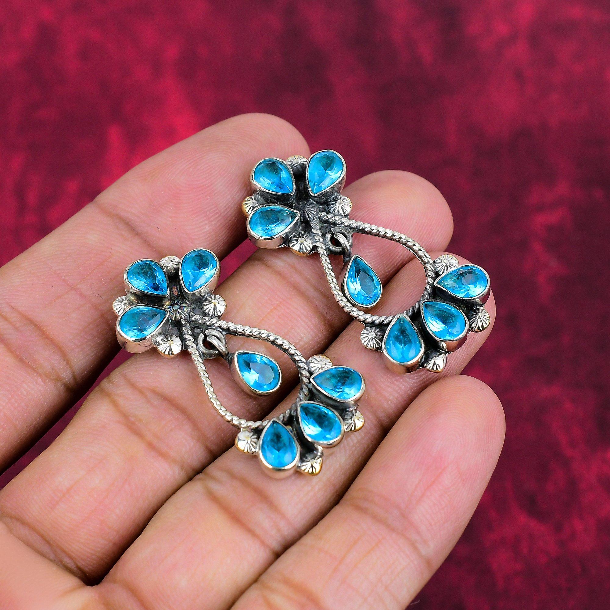 Blautopas Schmuck, Handgefertigte 925er Sterlingsilber Ohrringe, Wunderschöne Topas Ohrringe für Hochzeitsgeschenk