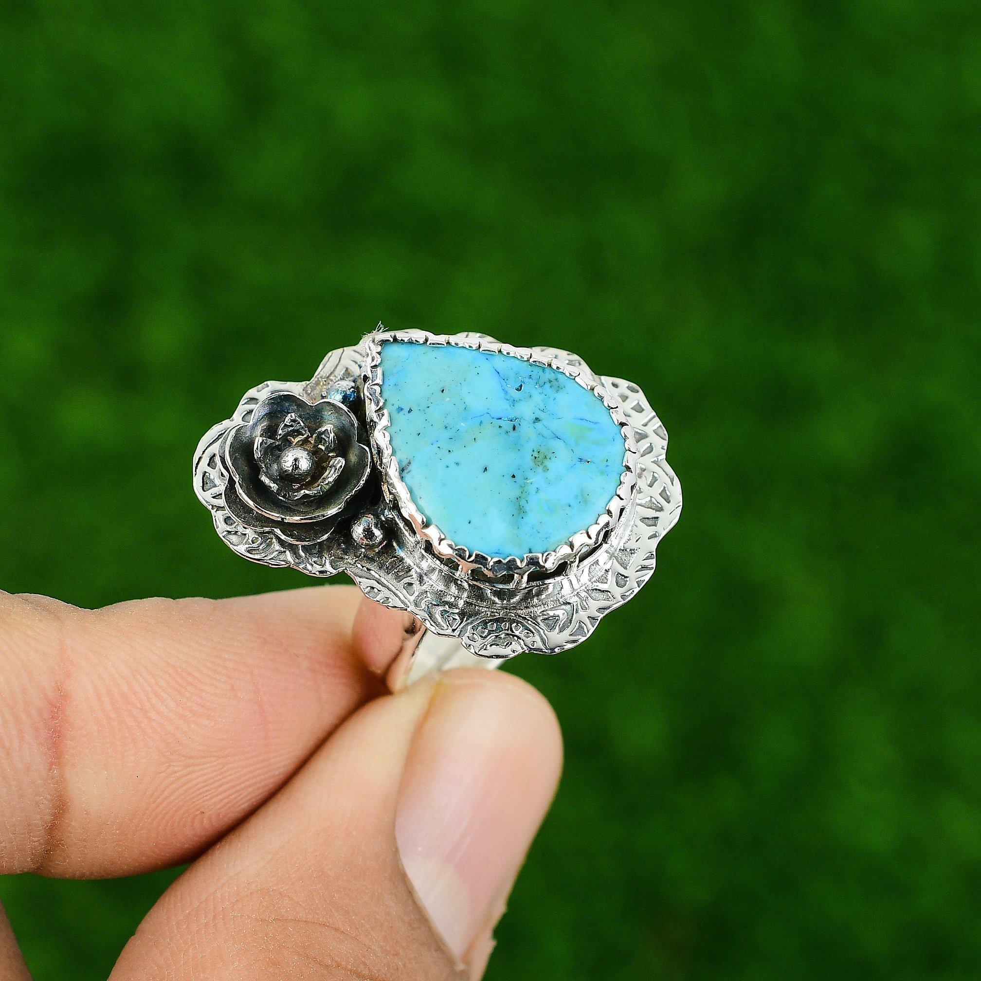 Natural Arizona Turquoise Flower Statement Ethnic Ring Jewelry Sterling Silver