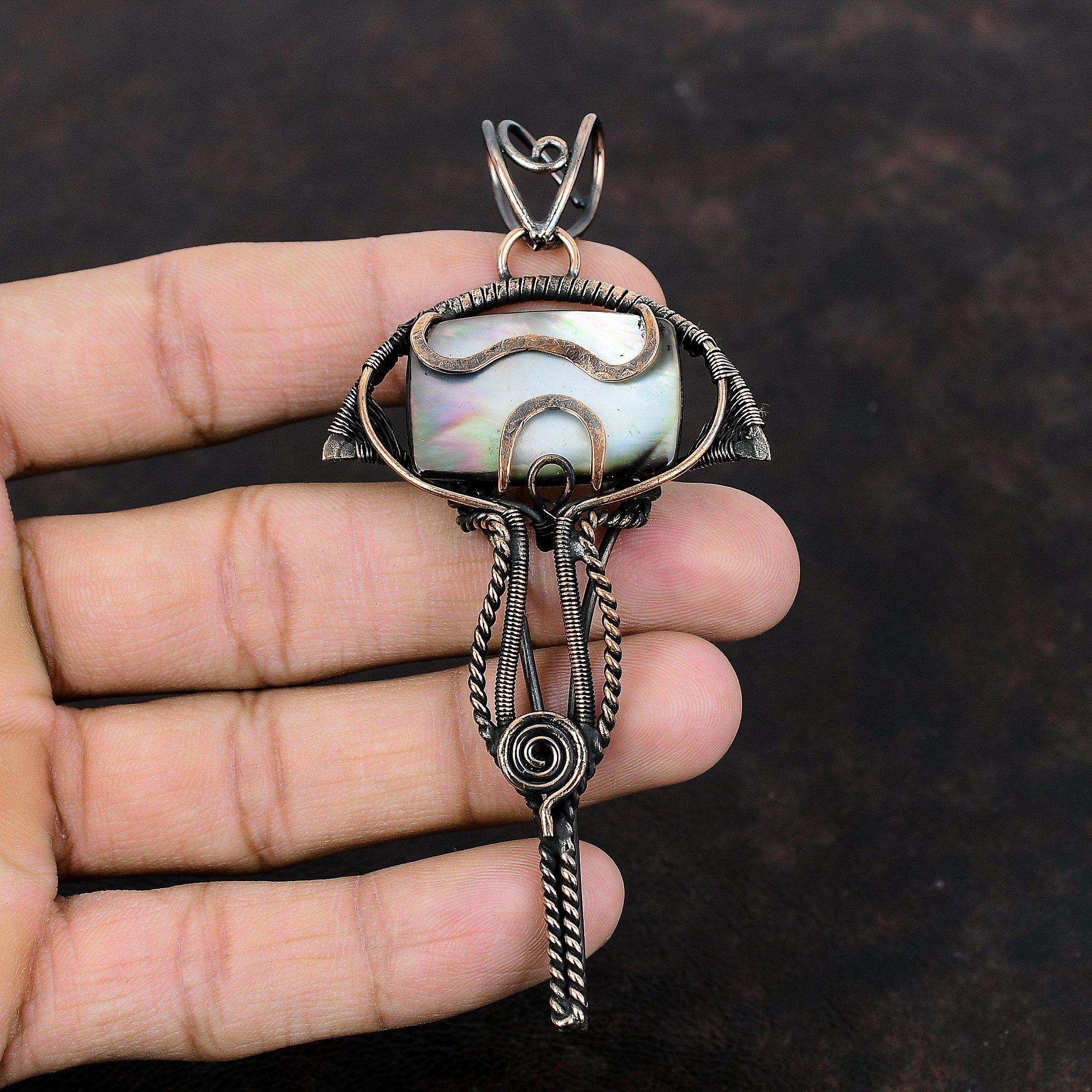 Perlmutt Anhänger Kupferdraht umwickelter Anhänger Handgefertigt Stilvoller Anhänger Edelstein Kupfer Schmuck Jubiläumsgeschenk Drahtumwickelter Schmuck