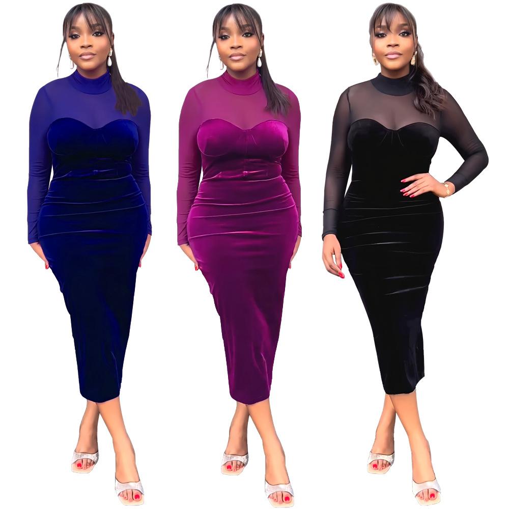 Long-sleeved Evening Dress Temperament Mesh Splicing Slim Women's Celebrity Style One-step Dress