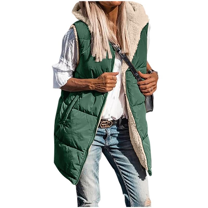 Womens 2025 Fall Reversible Vests Sleeveless Fleece Jacket Zip Up Hoodie Pockets Long Warm Winter Coat