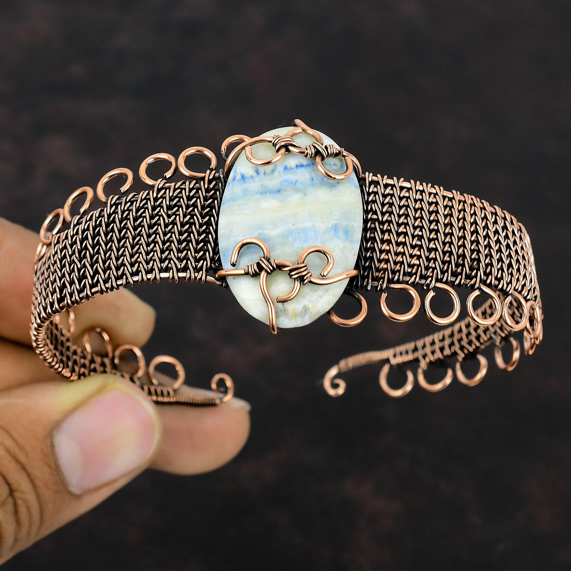 Blue Scheelite Copper Bangle Wire Wrapped Cuff Bracelet Adjustable Bangle Copper Wire Wrapped Jewelry Handmade Gemstone Bangle Gift For Her