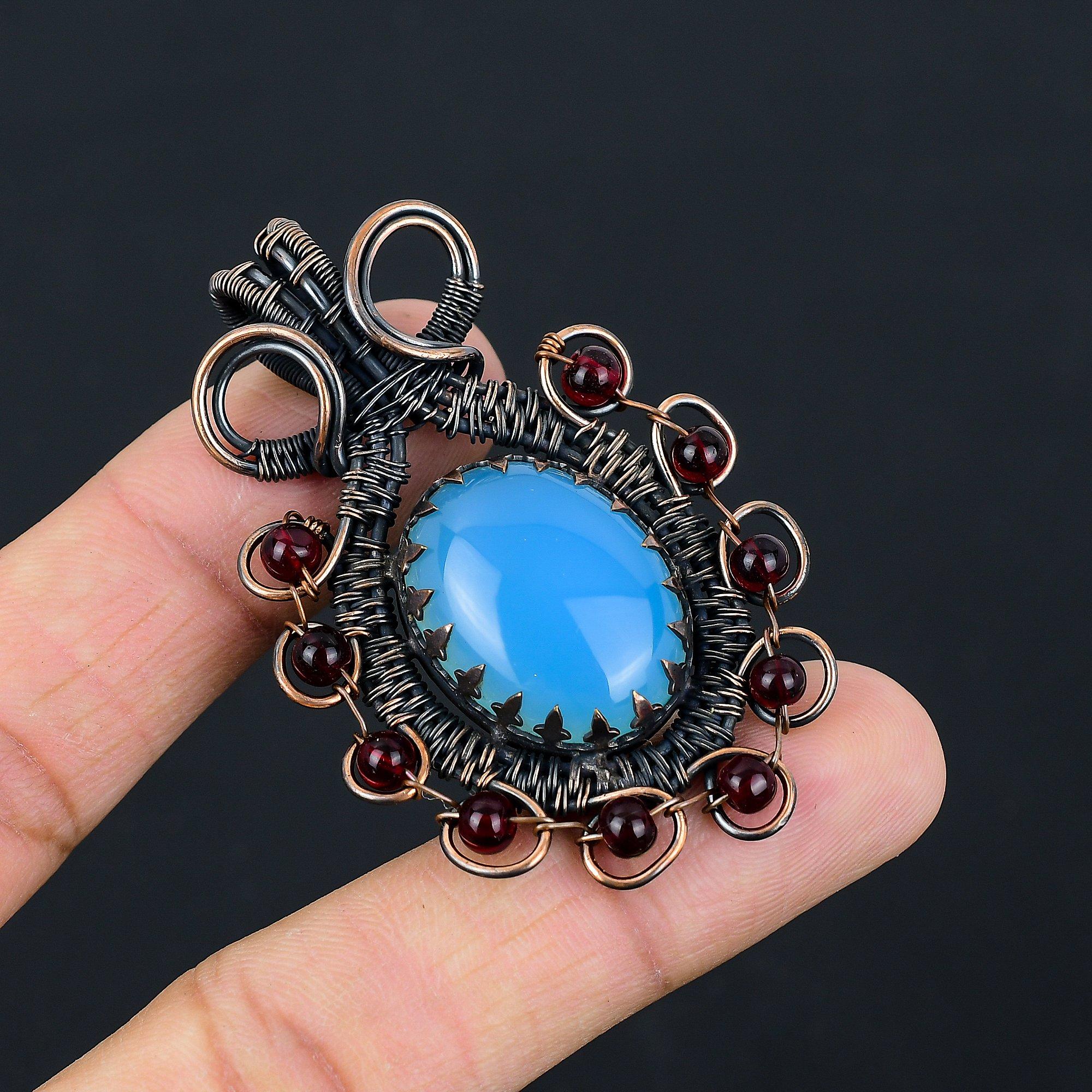 Blue Chalcedony Gemstone Pure Copper Wire Wrapped Handmade Pendant Jewelry