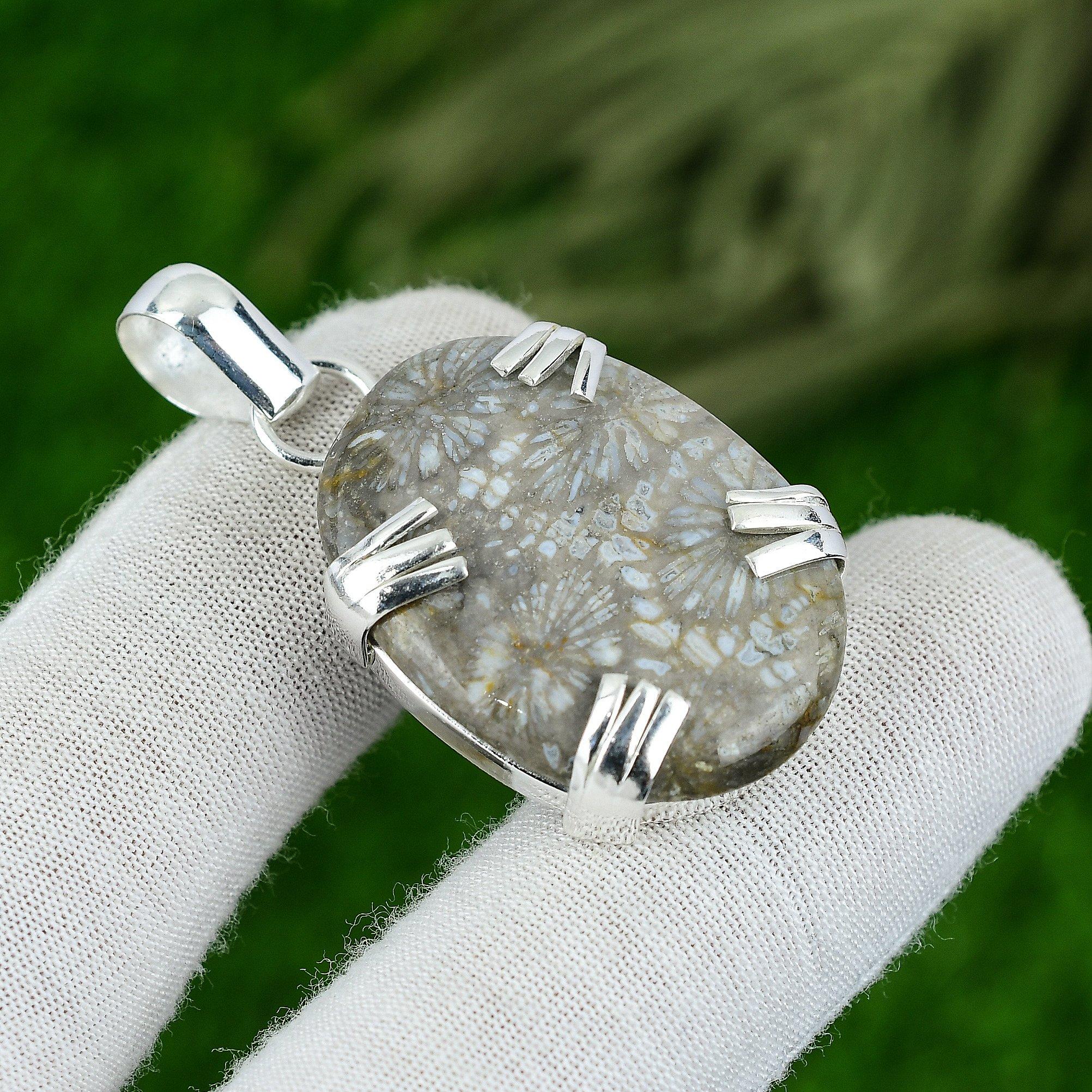Geschenk für Sie 925 Sterlingsilber Natürlicher Fossilkoralle Edelstein Schmuck Anhänger