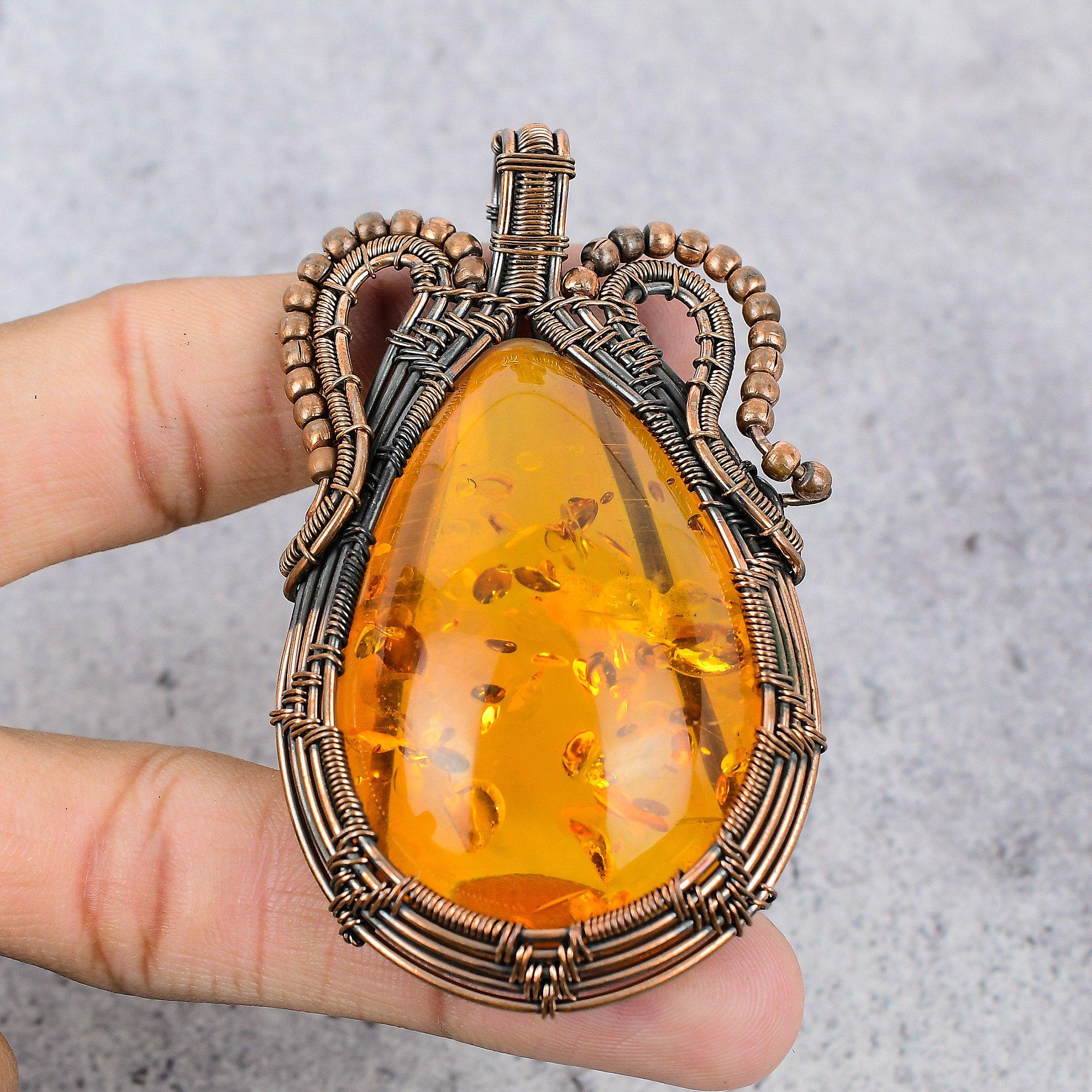 Baltic Amber Pendant, 999 Copper Wire Wrapped Gemstone Jewelry, Handmade Pendant For Mother Day