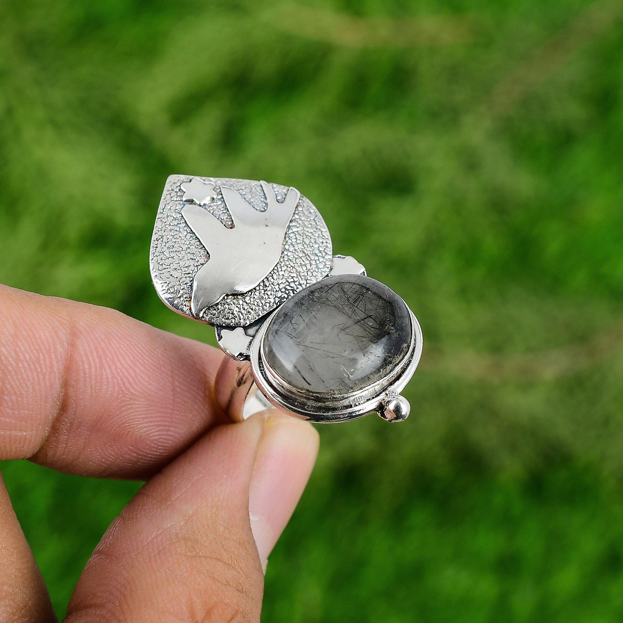 925 Sterling Silver Black Rutilated Quartz Stone Solitaire Bird New Ring Jewelry