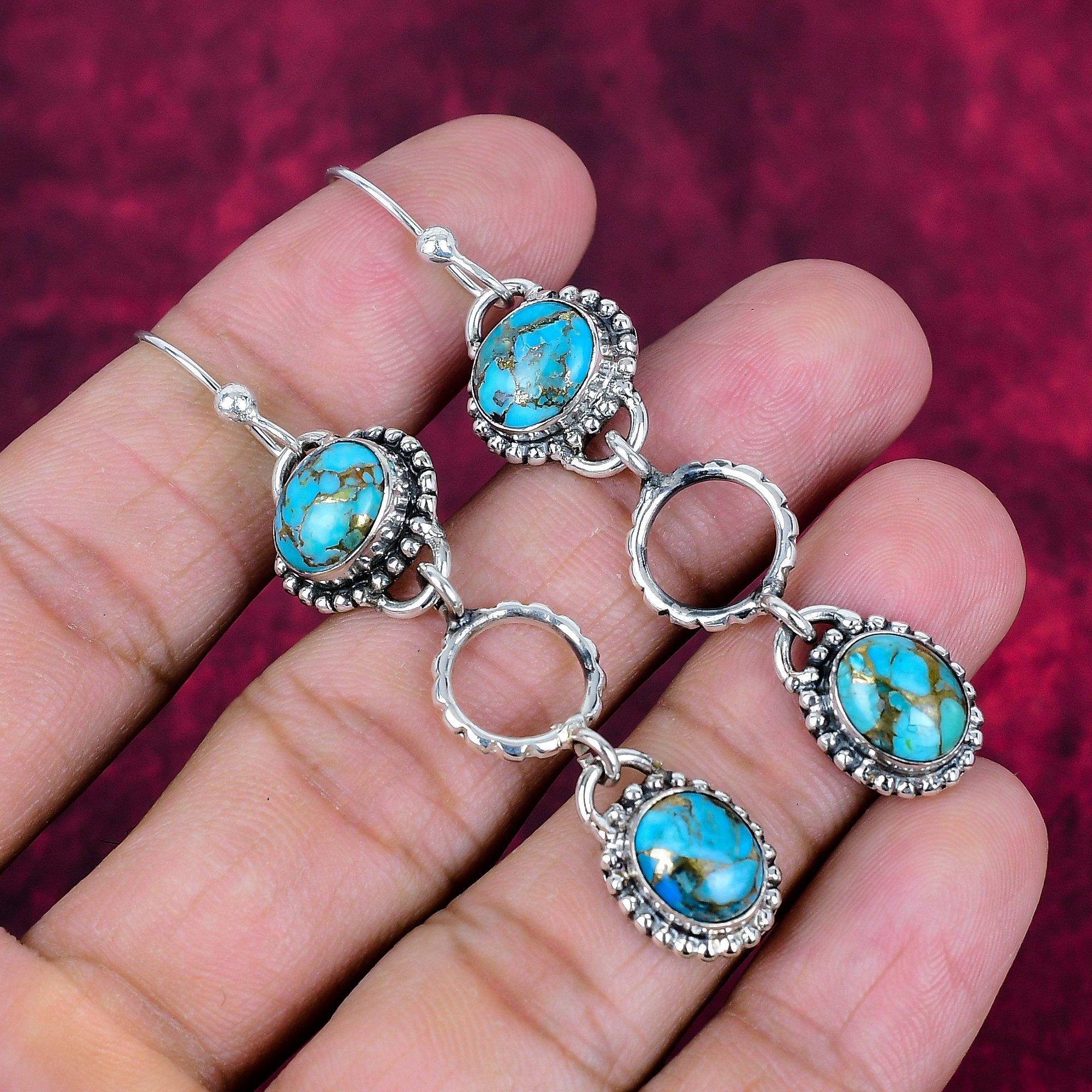 Blå Kopparturkoser Handgjorda Ädelstensörhängen, 925 Äkta Sterlingsilverörhängen Antika Smycken, För Förlovningspresent