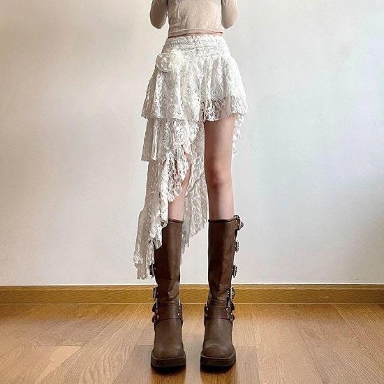 Nepravidelná krajková sukně pro ženy, slim fit, elegantní bílá dortová sukně s vysokým pasem, oblečení Y2k ve vintage stylu, léto