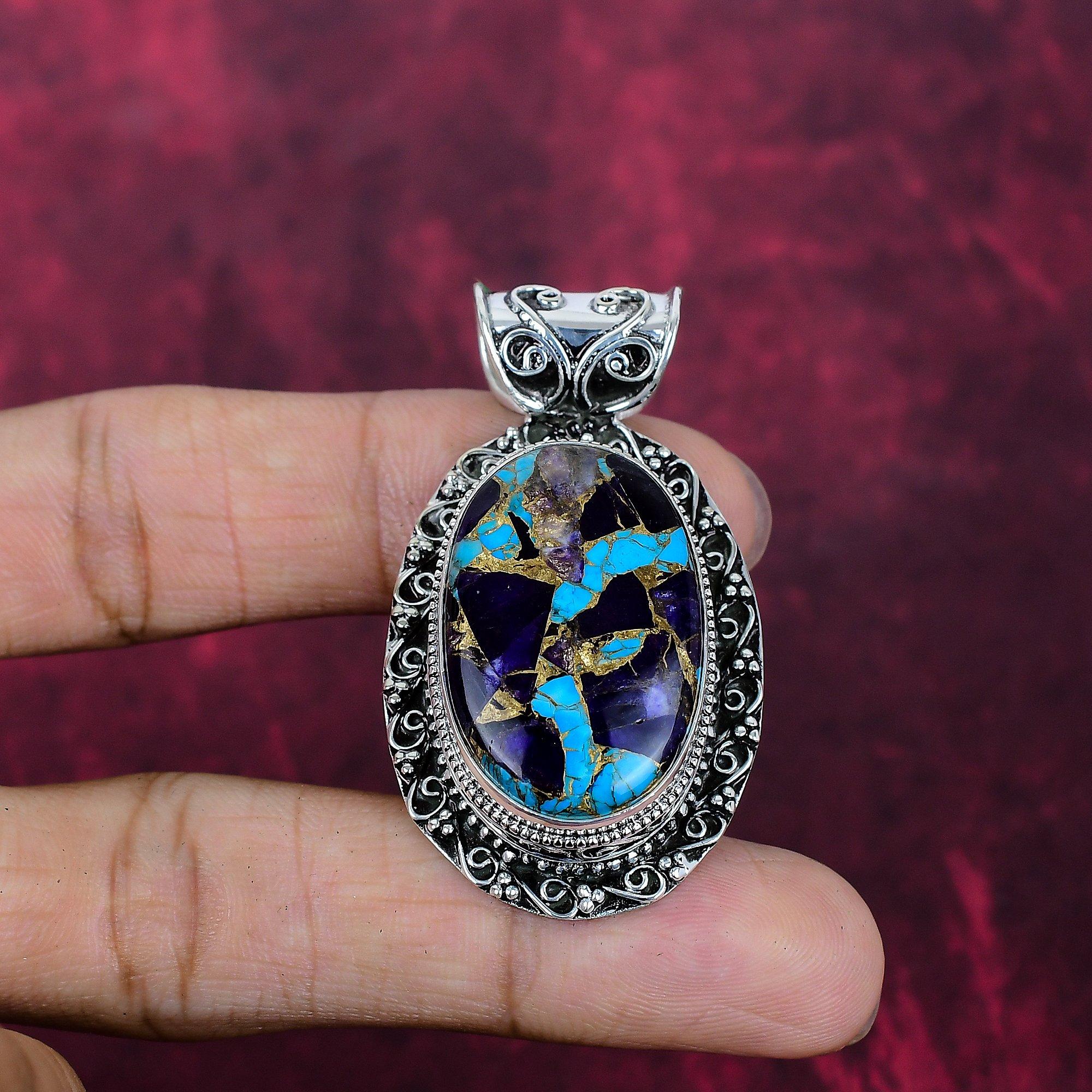 Copper Amethyst Turquoise Handmade Gemstone Pendant, 925 Solid Sterling Silver Pendant Antique Jewelry, For Memorial Day