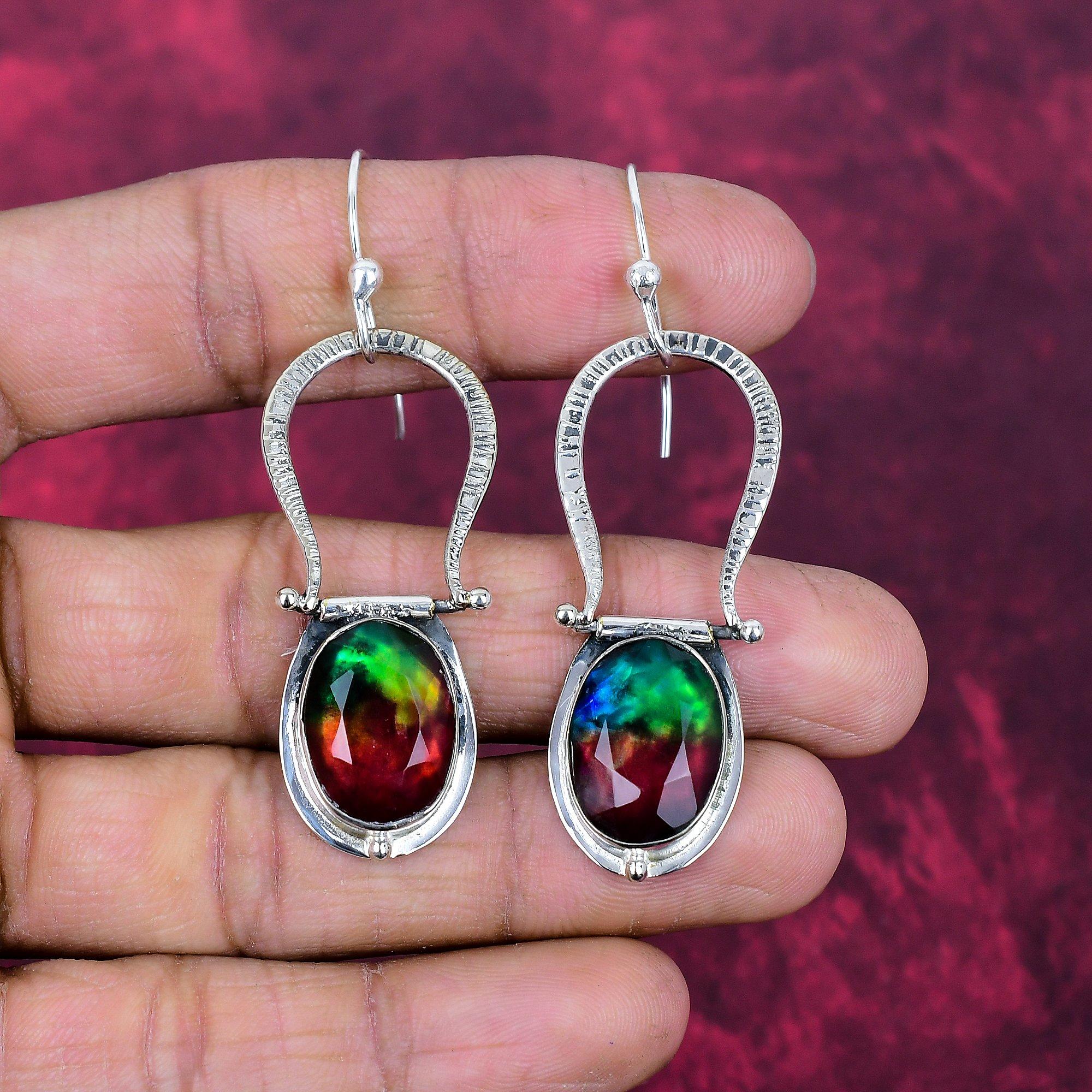 Ammolite Earring Gemstone Handmade Jewelry, 925 Solid Sterling Silver Earrings Gift For Wife Jewelry