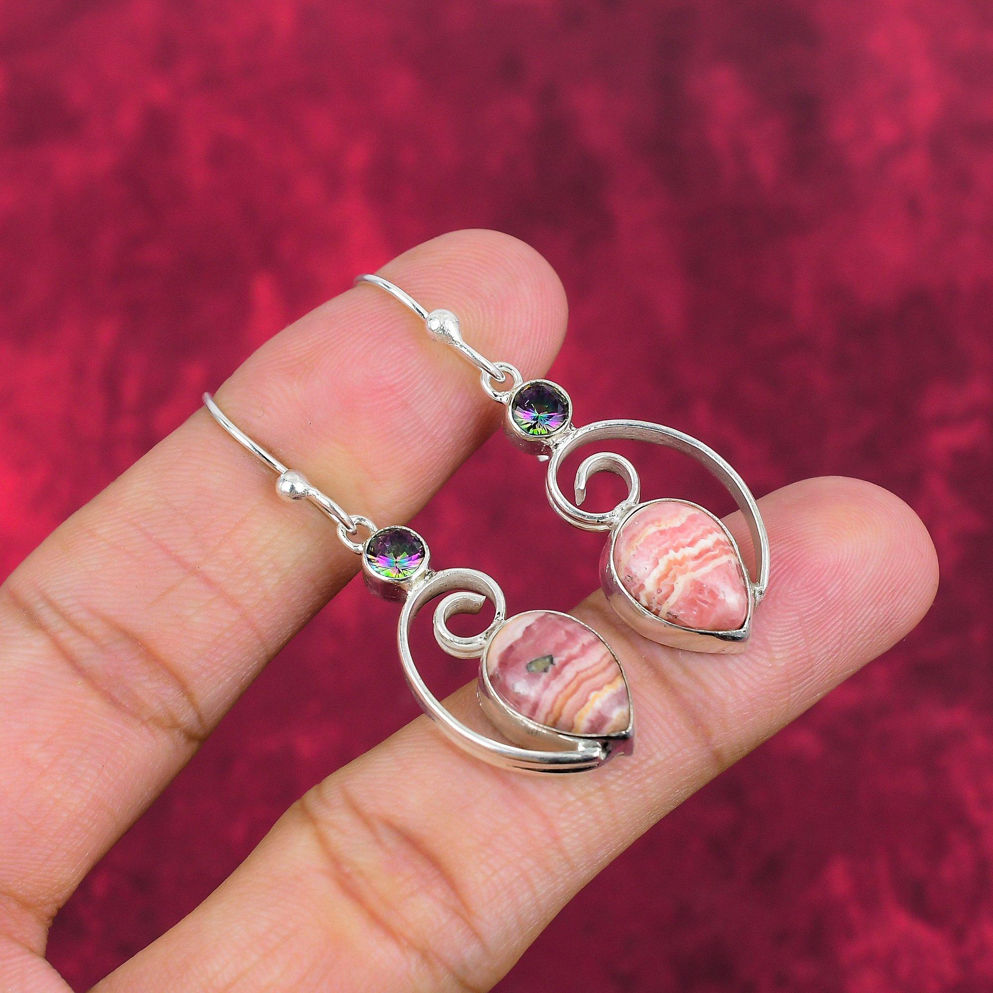 Rodocrosit, cercei cu topaz mistic, bijuterii din pietre prețioase, cercei din argint solid 925, cadou pentru femei, cercei lucrați manual