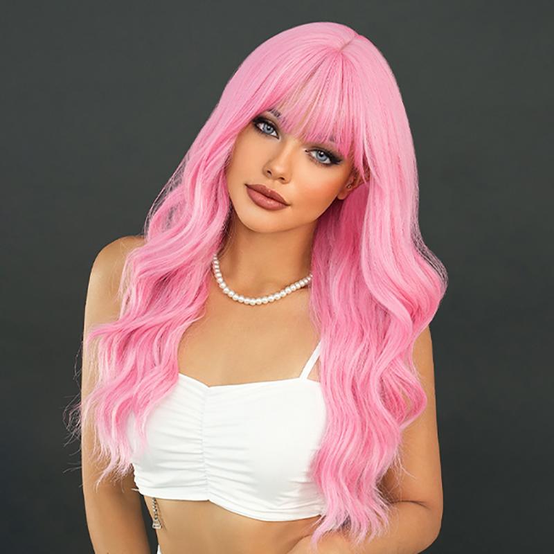 Nová dámská paruka simulace paruky 64cm vlasy růžová paruka dlouhá kudrnatá paruka Pokrývka hlavy Růže síťka na vlasy čelenka Krása dekorace paruka