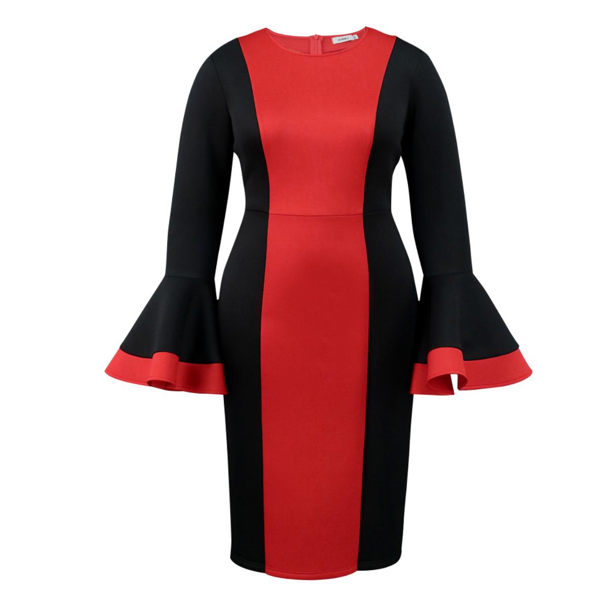 AOMEI Black Midi Dresses O Neck Long Flare Sleeve Patchwork Bodycon Evening Dinner Party Event Gowns Outfits for Women