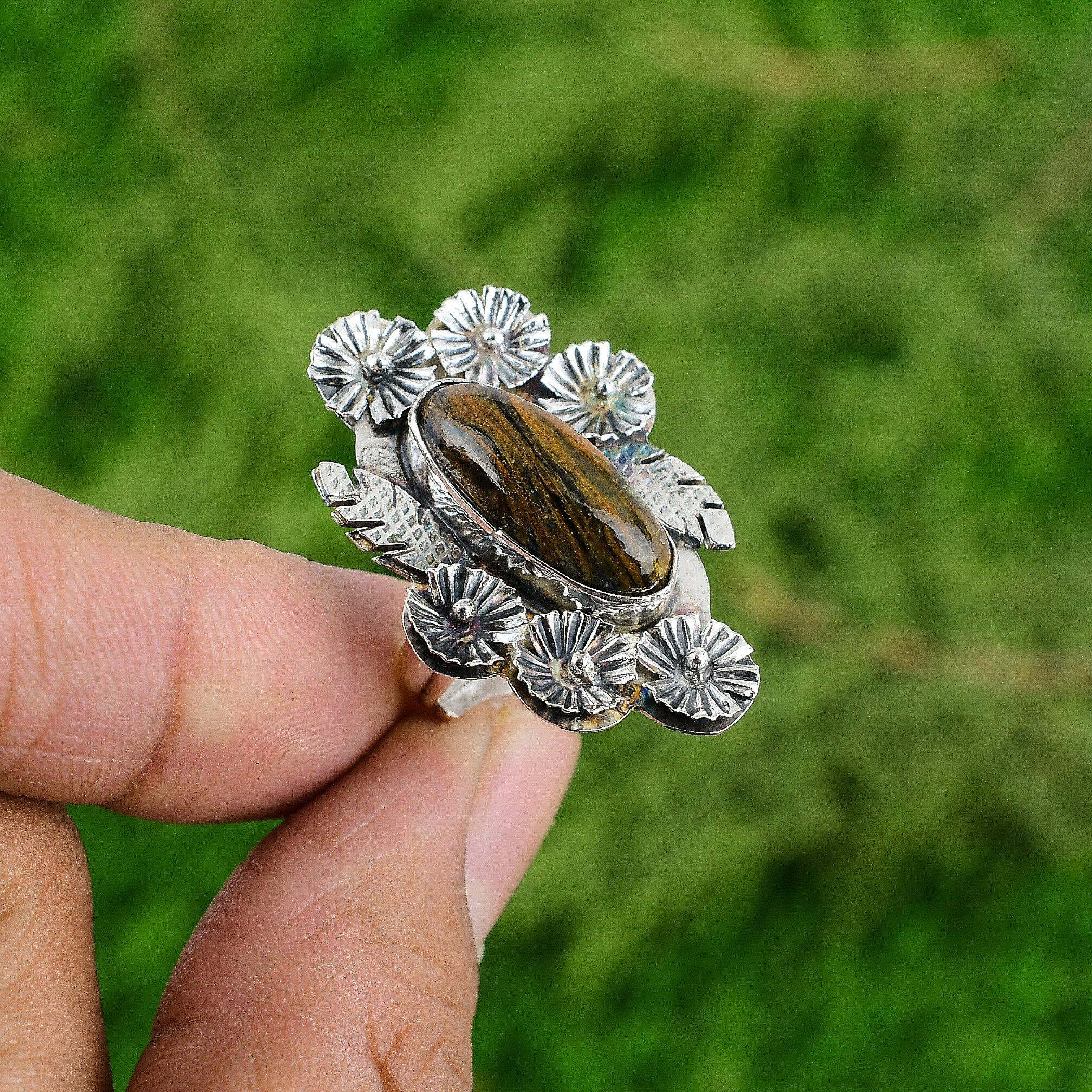 925 Silver Natural Golden Pietersite Multi Stone Flower Adjustable Ring