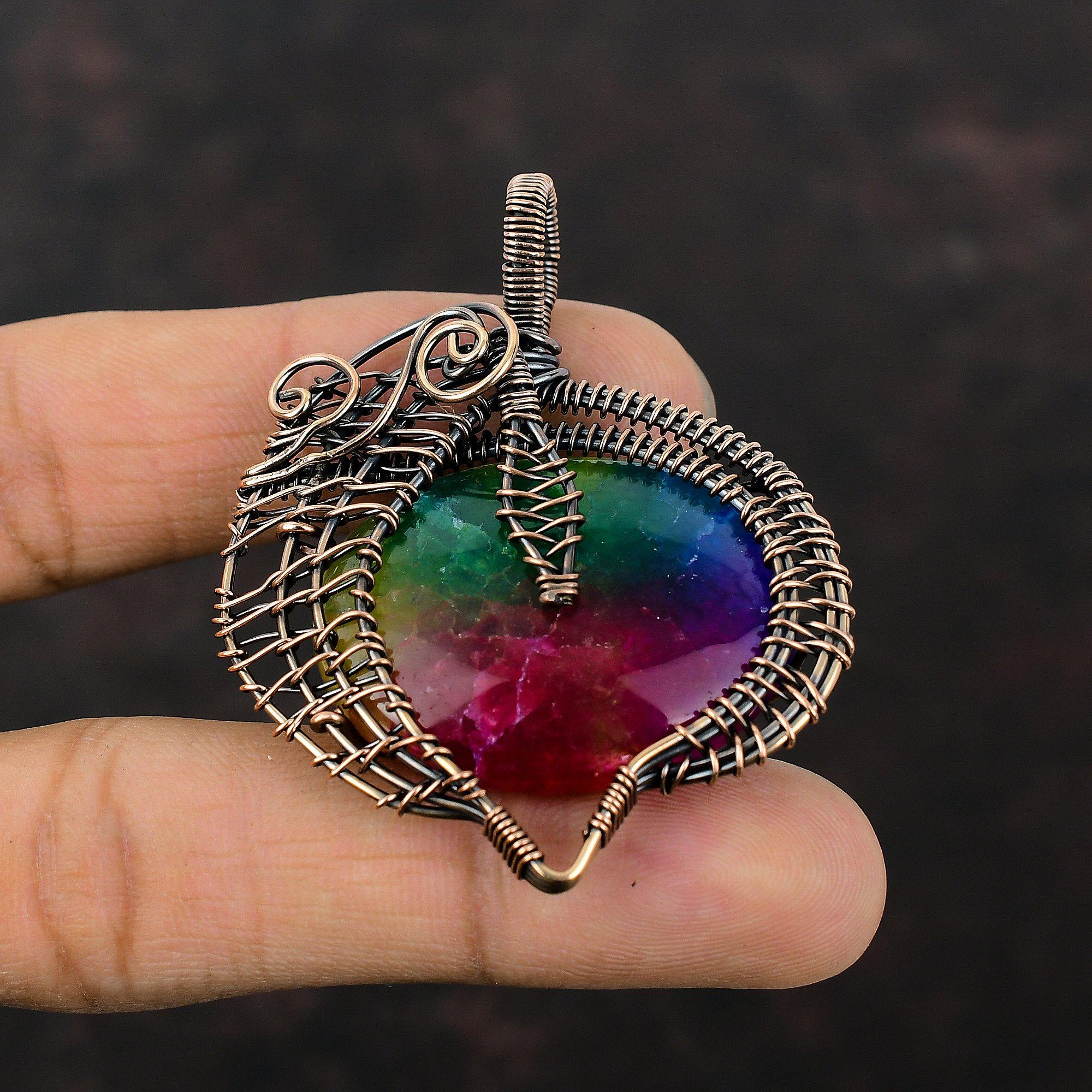 Rainbow Solar Quartz Druzy Pendant Copper Wire Wrapped Pendant Handmade Copper Wire Jewelry Natural Gemstone Pendant Dainty Jewelry For Gift