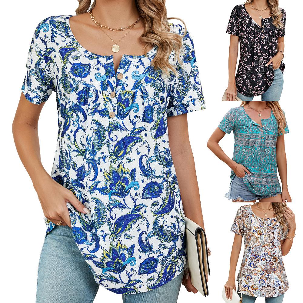 Summer Women's T-shirt Drawstring Button Loose Printed Swallowtail Short Sleeve Top