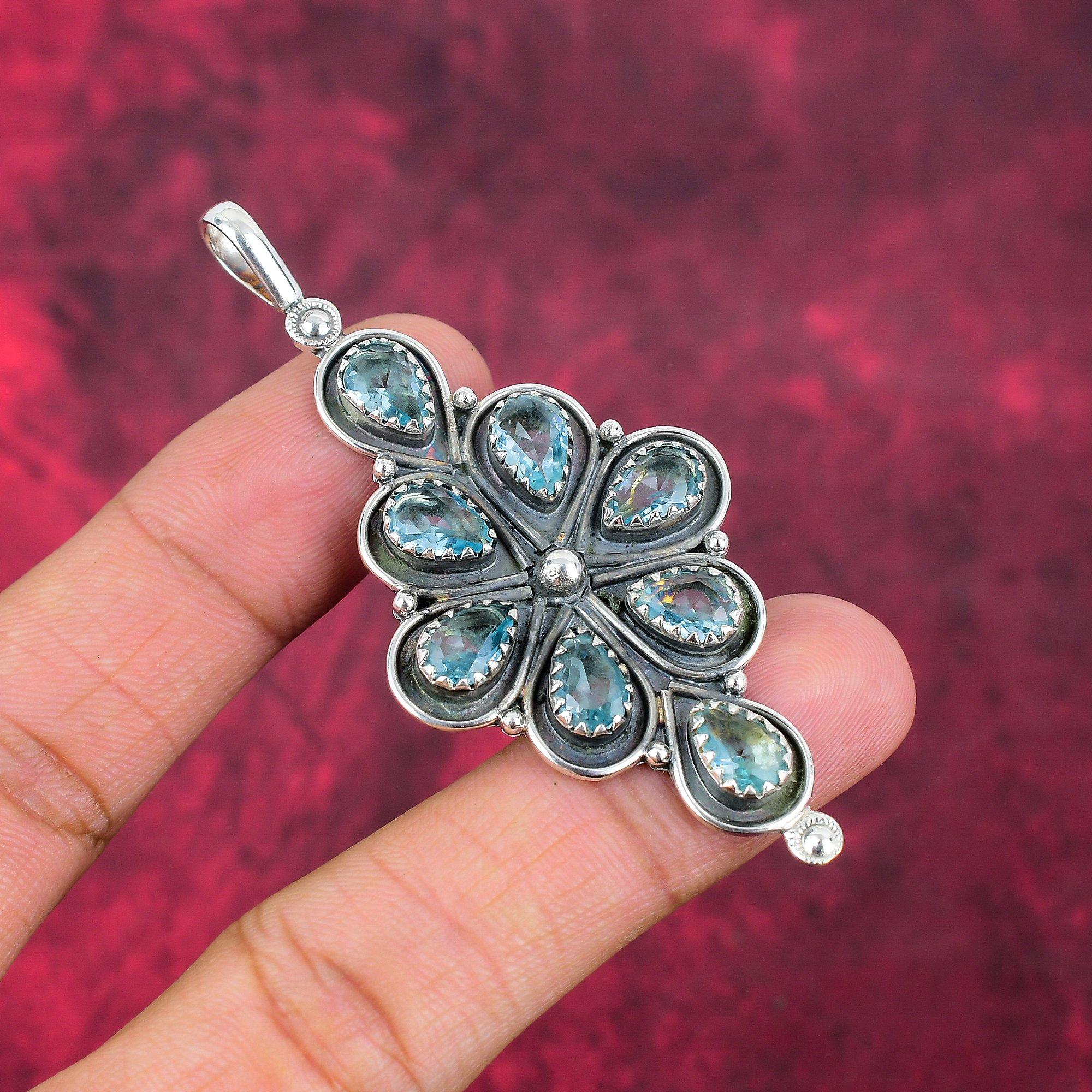 Blue Topaz Pendant, 925 Solid Sterling Silver Gemstone Jewelry, Handmade Pendant, For Thanksgiving