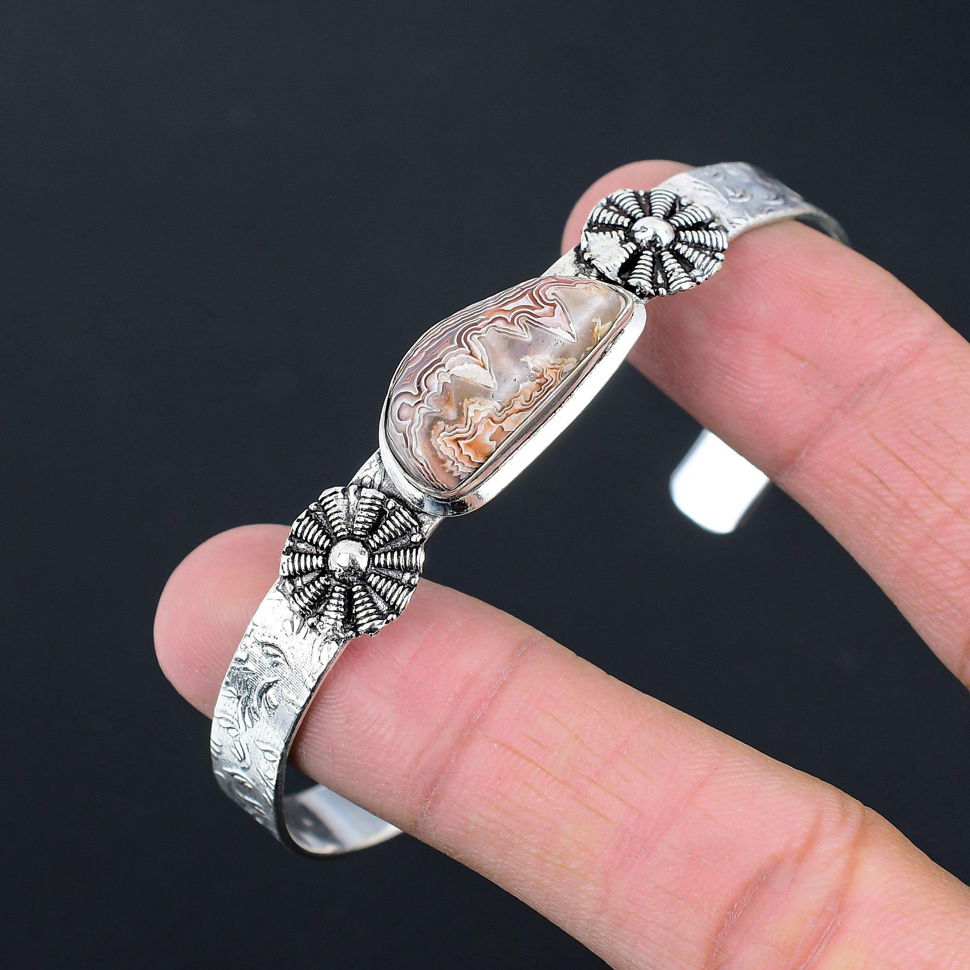 Natural Crazy Lace Agate Gemstone Bangle Red Adjustable 925 Sterling Silver