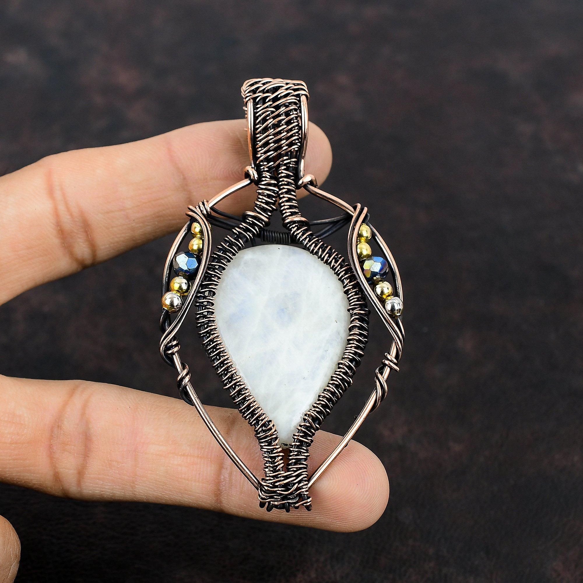 Rainbow Moonstone Pendant Copper Wire Wrapped Pendant Gemstone Handmade Pendant Titanium Beads Pendant Gift For Mom Copper Wire Wrap Jewelry
