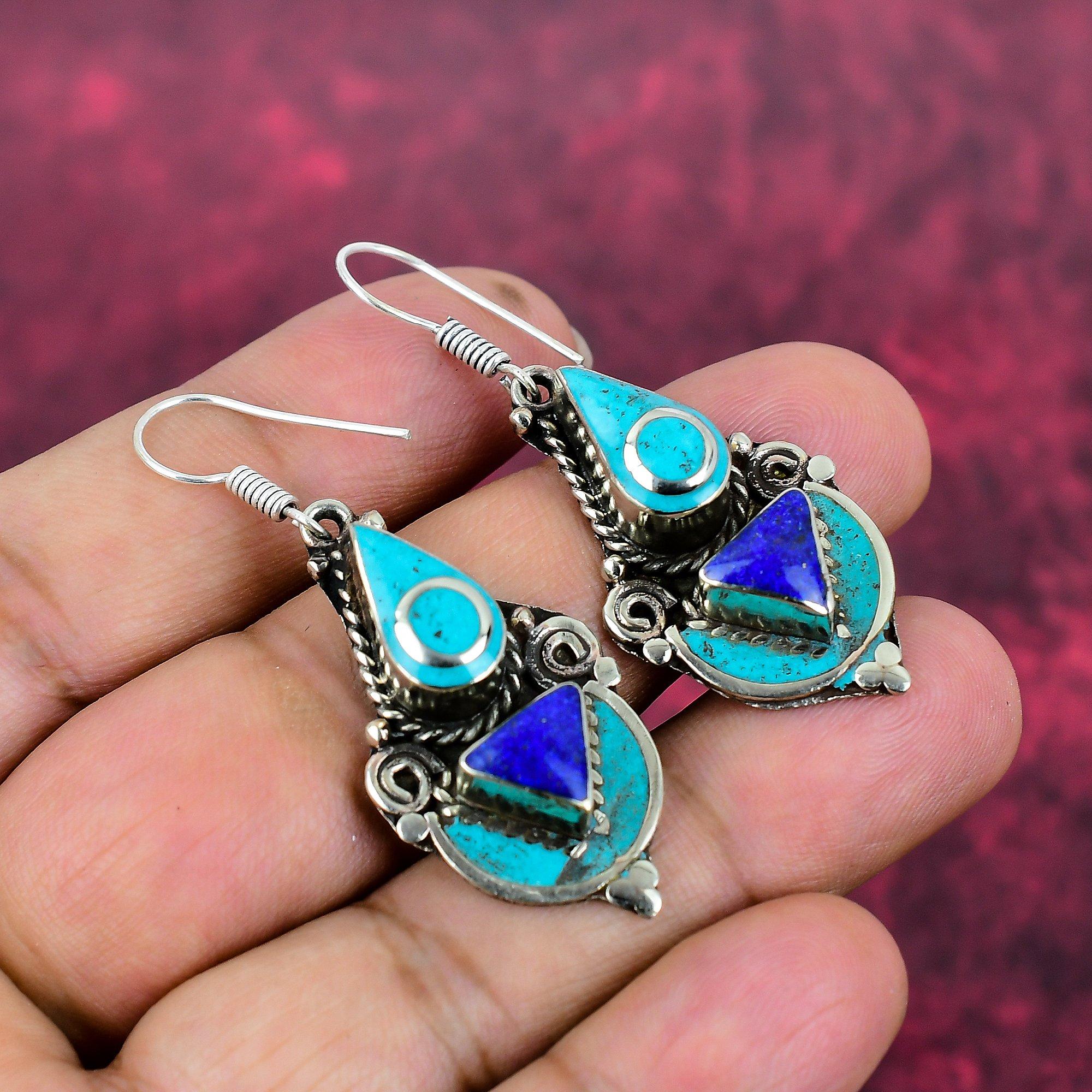 Turquoise & Lapis Lazuli 925 Solid Sterling Silver Nepali Earrings, Handmade Gemstone Earrings Jewelry, Gifts For Wife Brand New Earrings