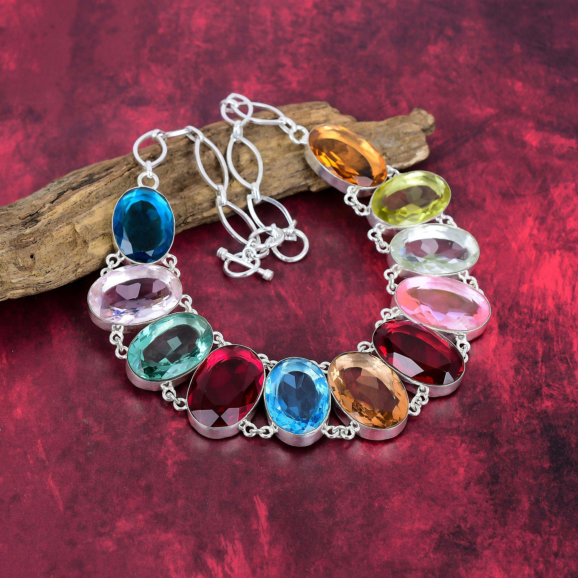 Multi Color 925 Solid Sterling Silver Necklace With Adjustable Chain, Handmade Gemstone Necklace Jewelry, Gifts For Wife Brand New Necklace