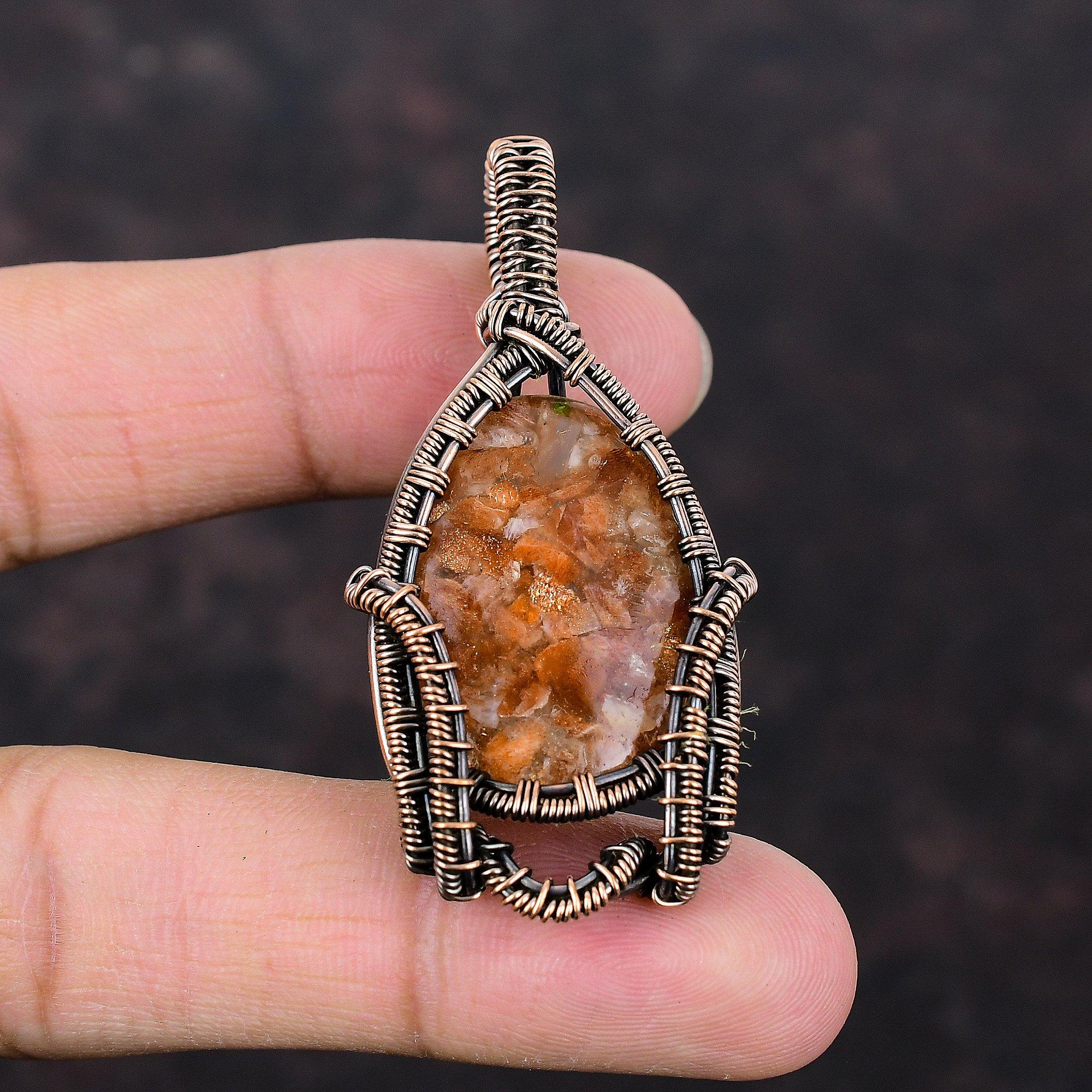 Подвеска из меди с драгоценным камнем Sunstone, подвеска из медной проволоки, подвеска ручной работы в стиле бохо-хиппи, подарок на годовщину, ювелирные изделия из Sunstone, обмотанная проволокой
