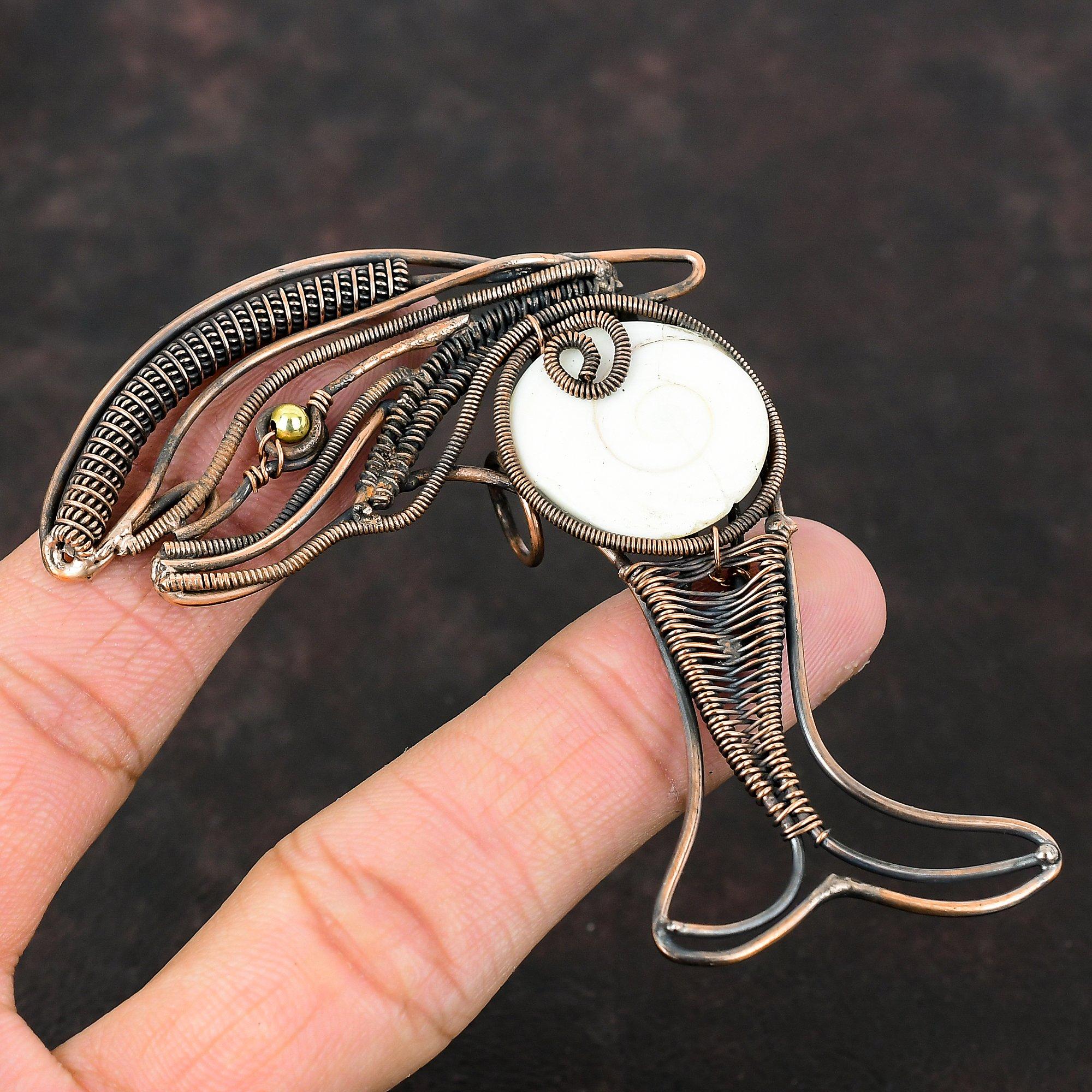 Shiva Eye Shell Pendant Copper Wire Wrapped Pendant Handmade Gemstone Pendant Fish Pendant Copper Jewelry Latest Design Pendant Wedding Gift