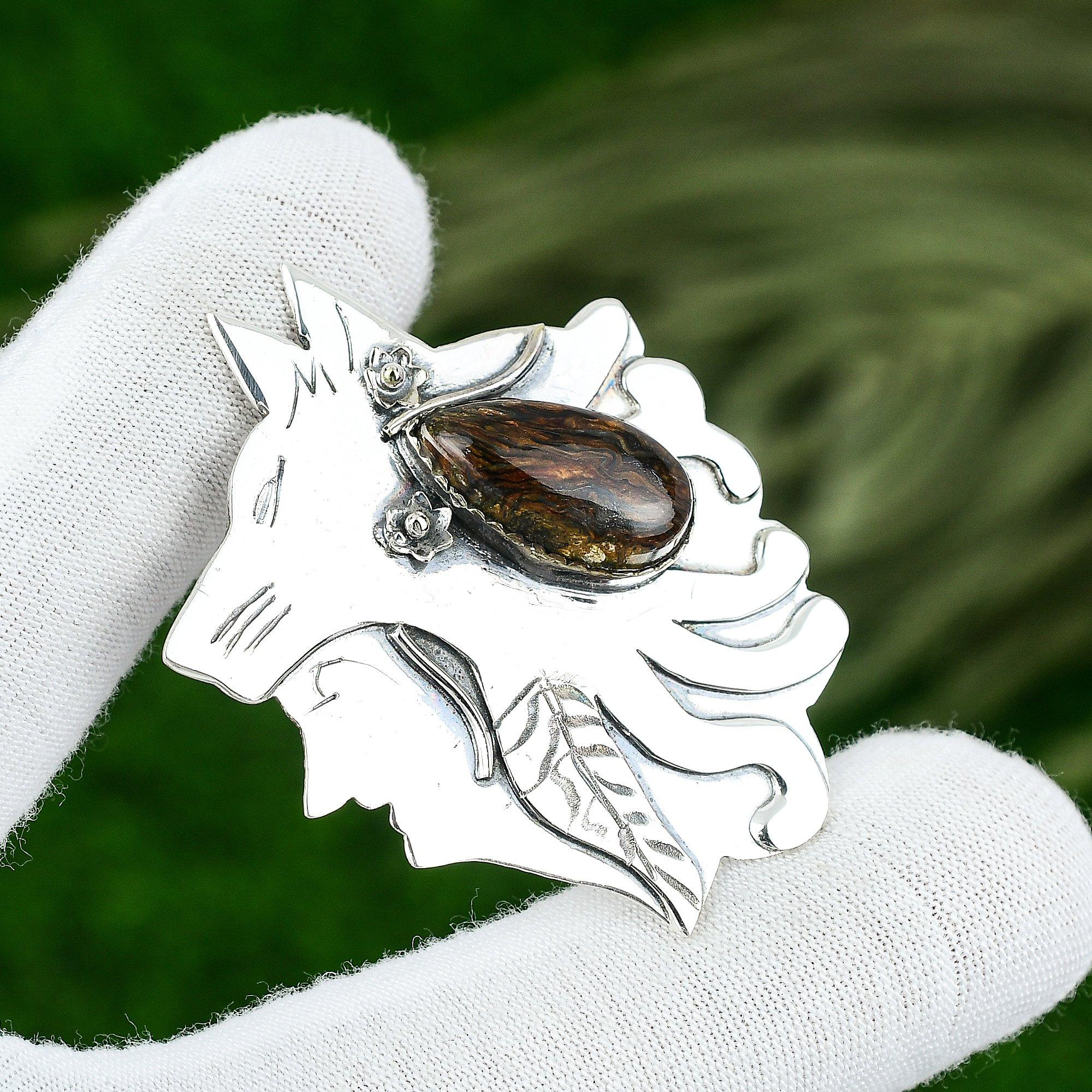 925 Silver Pear Iron Tiger Eye Stone Daughter New Bezel Art Deco Pendant Jewelry