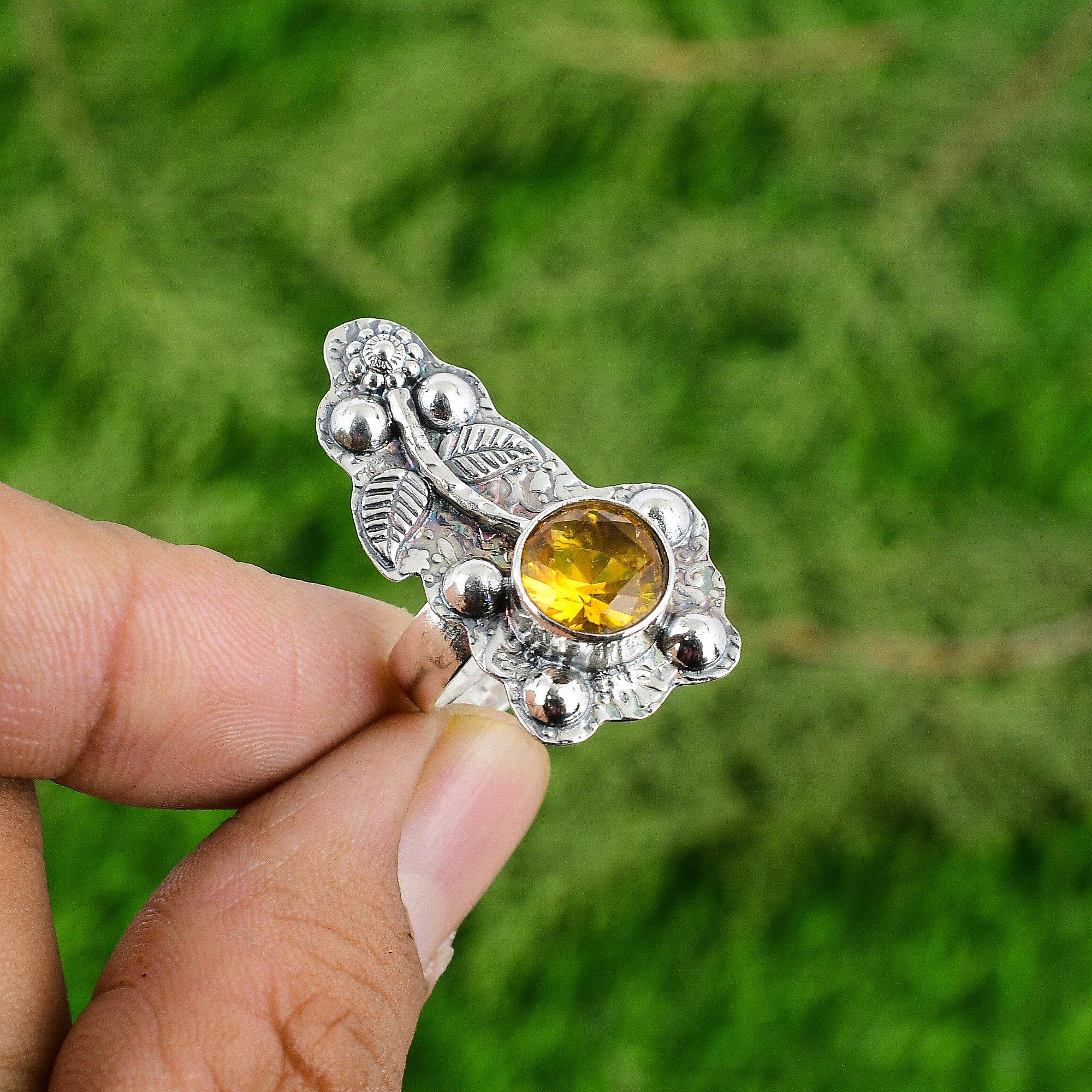 Mothers day Deal Citrine Stone Boho Solitaire Sister Flower Ring Sterling Silver