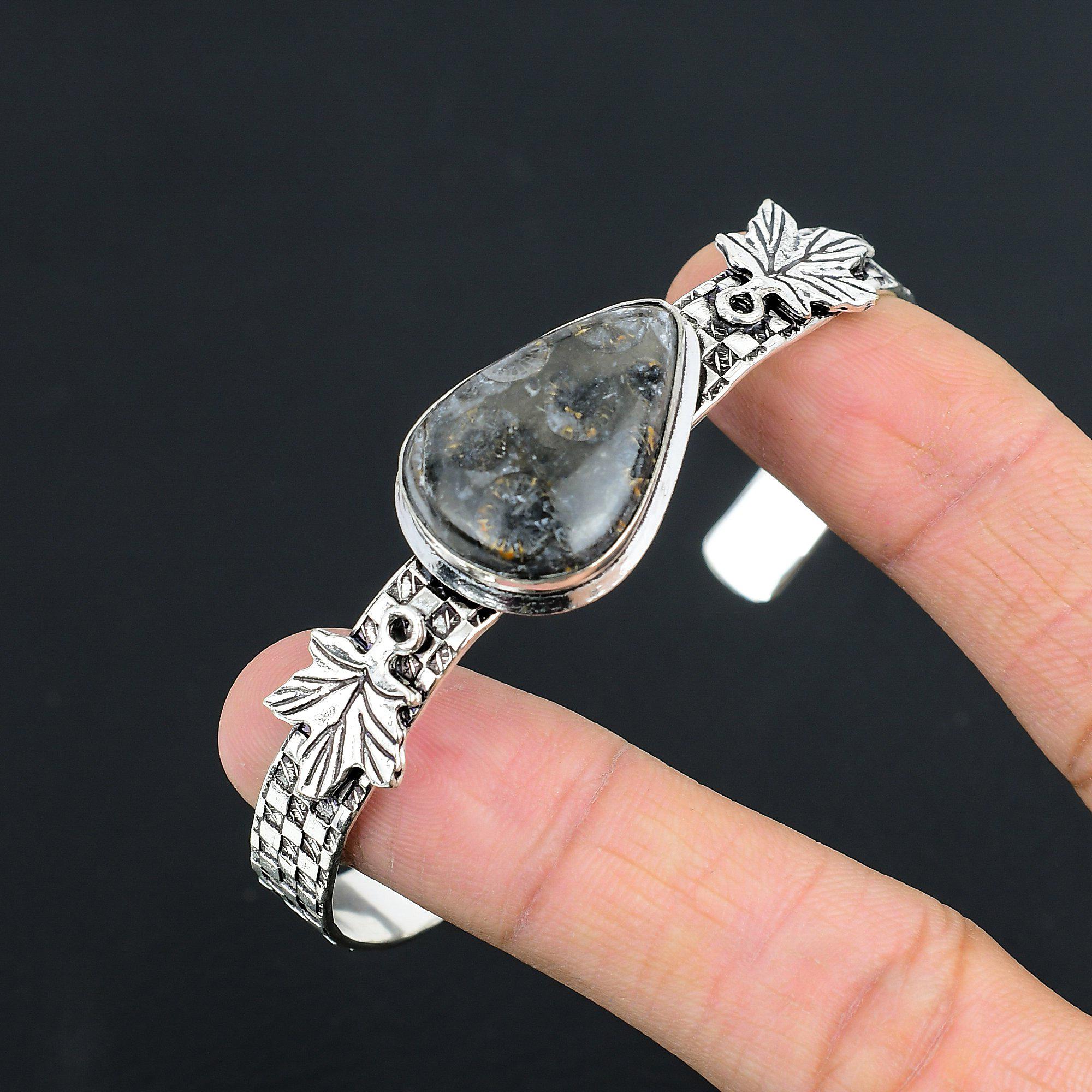 Daughters Day Sale 925 Sterling Silver Black Fossil Coral Stone Bangle Bracelet