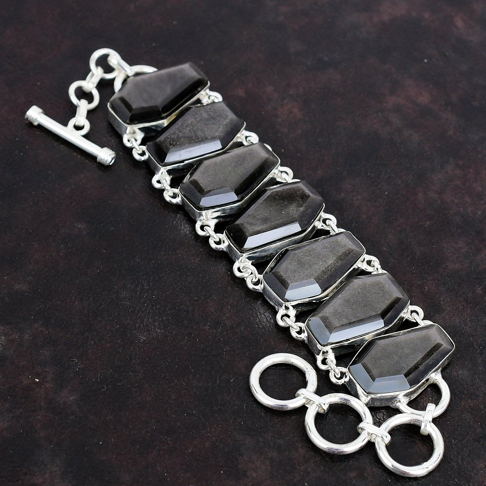 Pulseira facetada de obsidiana prateada com brilho, joia de pedra preciosa, pulseira de prata esterlina 925, pulseira com corrente ajustável, pulseira feita à mão para presentes