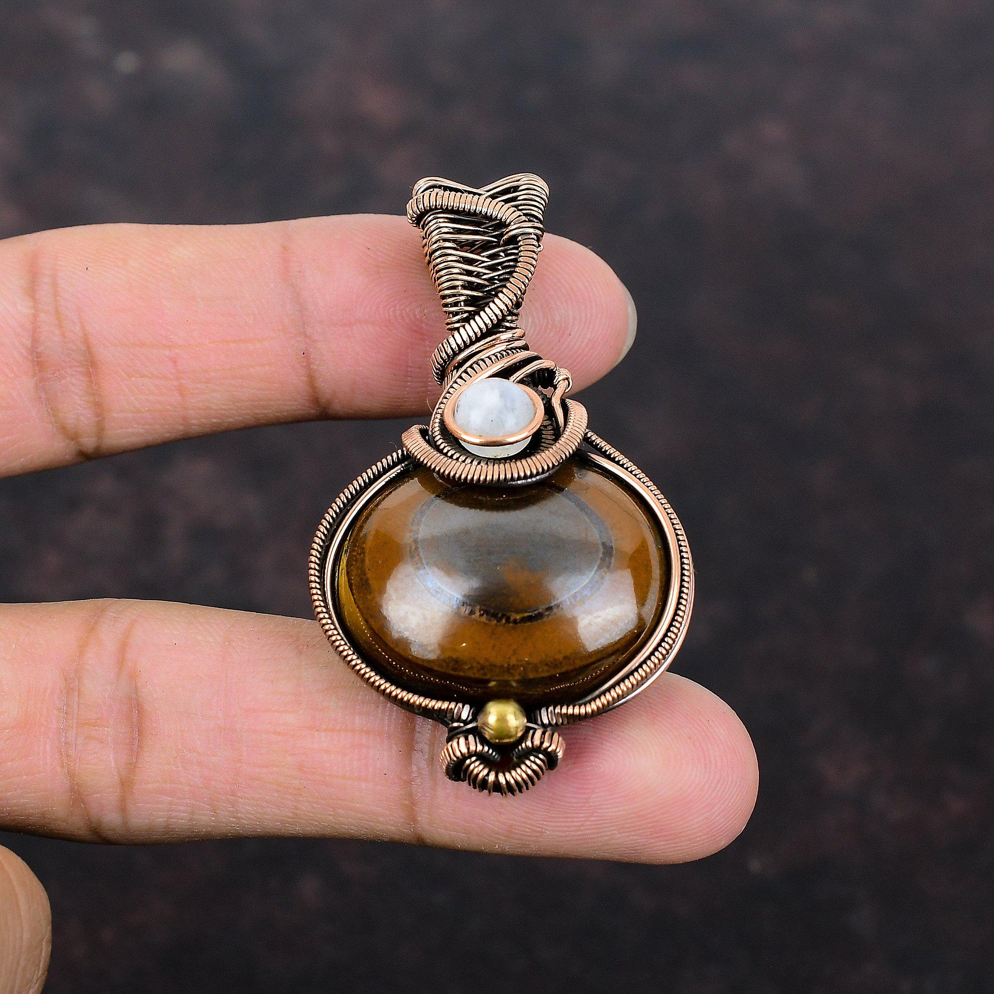 Marra Mamba Tiger Eye Pendant Copper Wire Wrapped Gemstone Pendant Moonstone Pendant Copper Wire Wrap Jewelry Handmade Pendant Wedding Gift