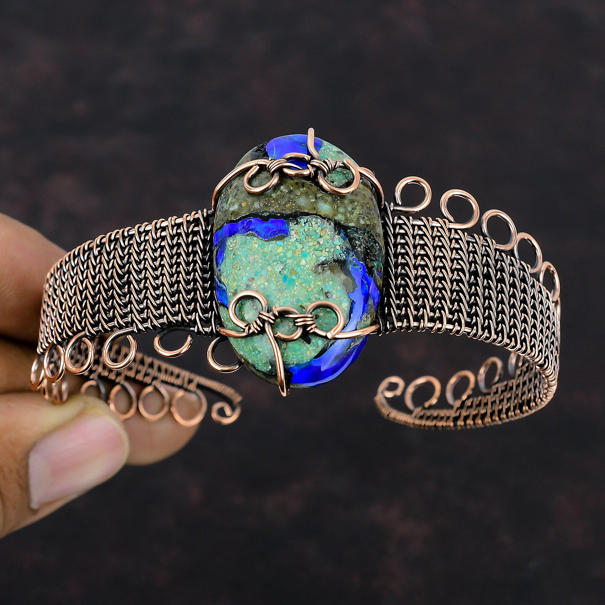 Azurite Malachite Gemstone Cuff Bracelet Copper Wire Wrapped Bangle Handmade Adjustable Cuff Bracelet Gift For Mom Copper Wire Wrap Jewelry