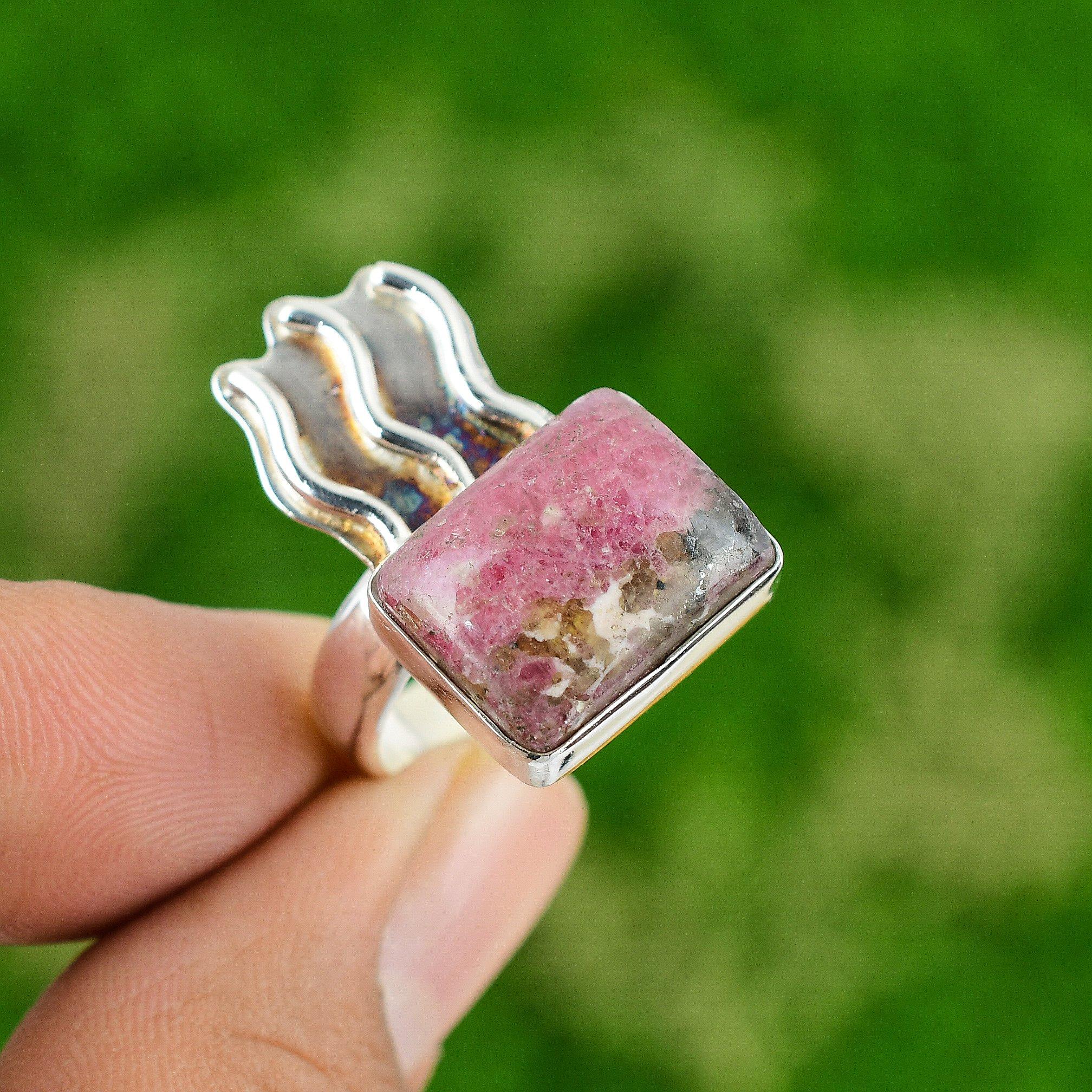 Natural Rhodonite Gemstone 925 Sterling Silver Promise Ring Size 8.75 For Girls