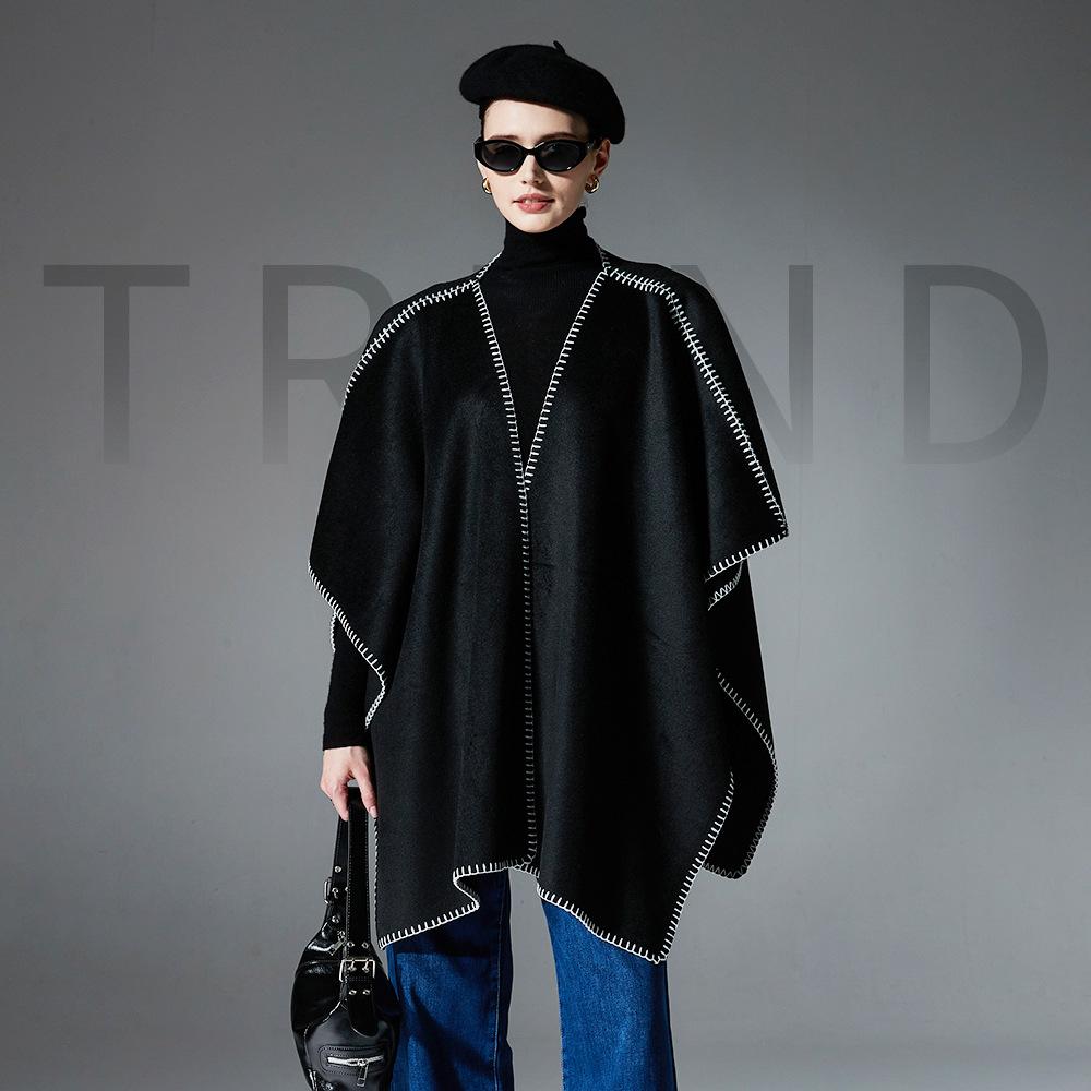 Women Double‑Sided Wool‑Feel Cape Shawl, Stitched Edge Open Front Poncho Wrap, 160×112cm Thick Warm Oversized Outer Shawl for Autumn Winter